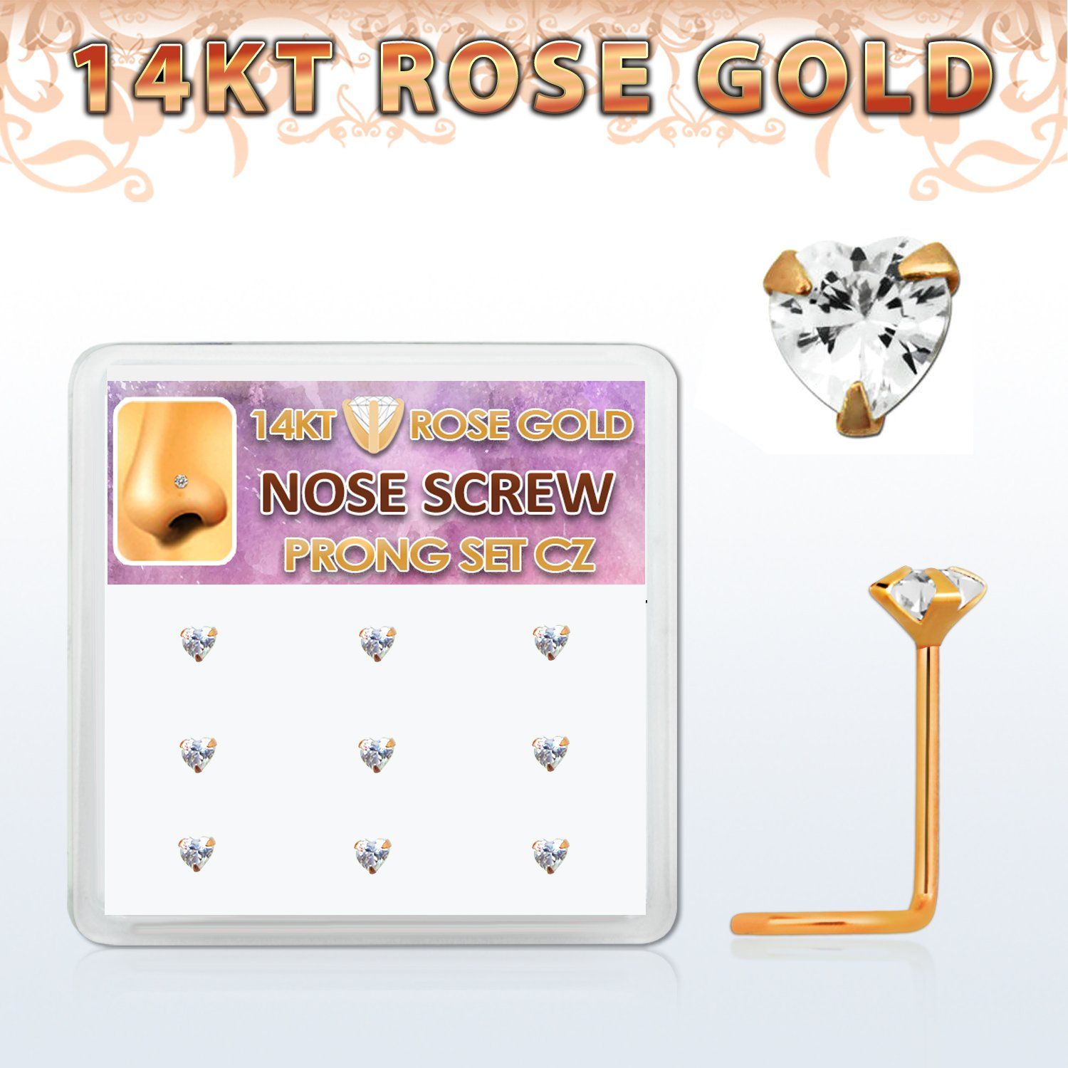 drsc18 caja display 9 nariz l oro rosa 14 kts 0 6mm zirconia corazon 3mm al por mayor