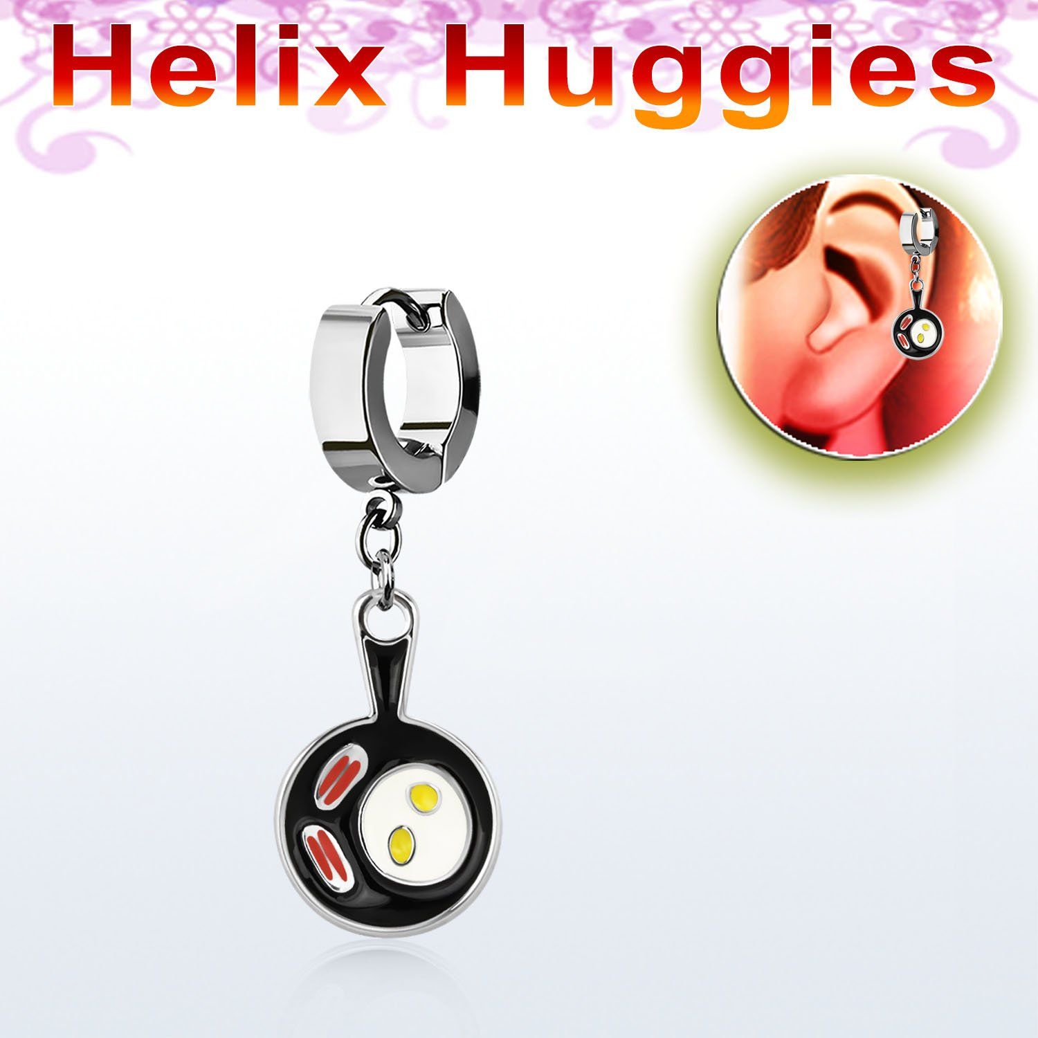 ehh646 pendiente huggie helix acero inoxidable beicon huevos sarten negra se vende por pieza distribuidor mayorista