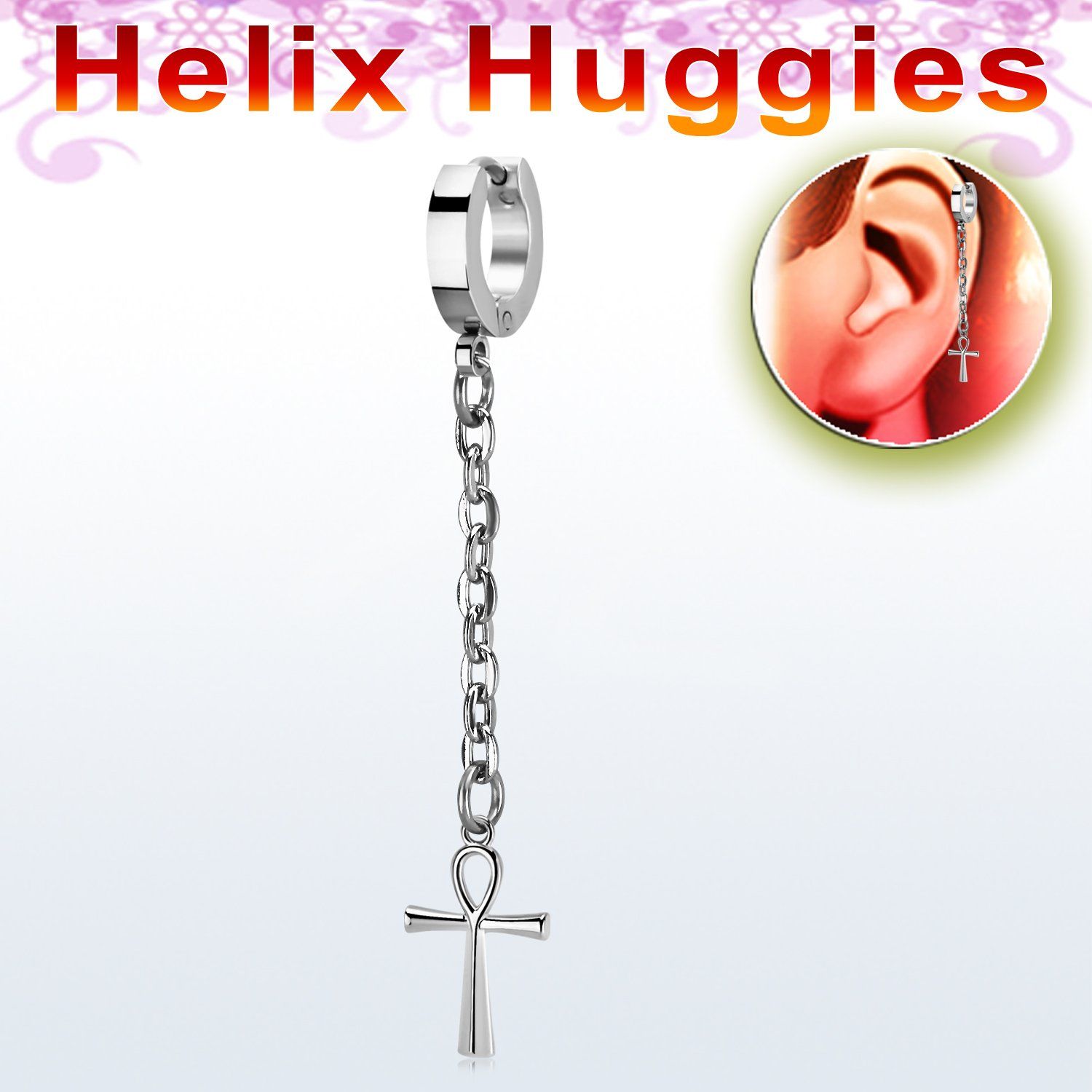 ehhl769 pendiente huggie helix acero inoxidable colgante cruz ankh larga plata & se vende por unidad al por mayor
