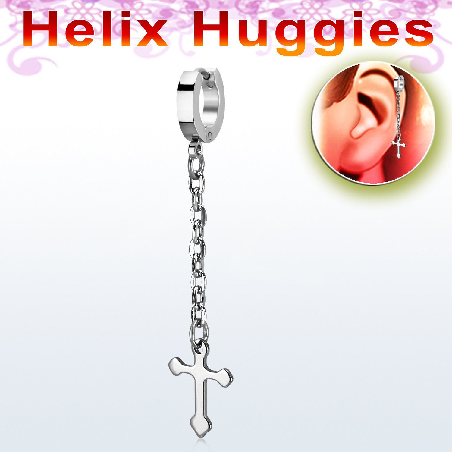 ehhlcros pendiente huggie helix acero inoxidable cruz colgando una cadena larga