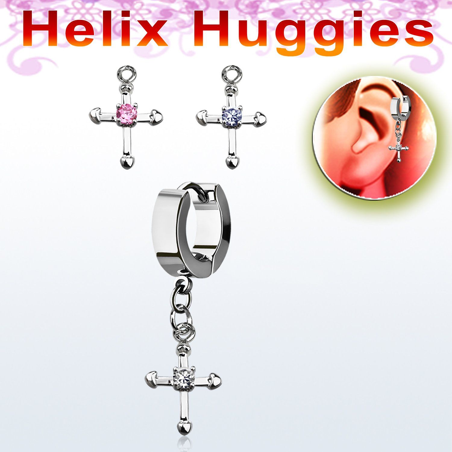 ehhz14 pendiente huggie helix acero inoxidable cruz zirconia redonda se vende por pieza distribuidor mayorista