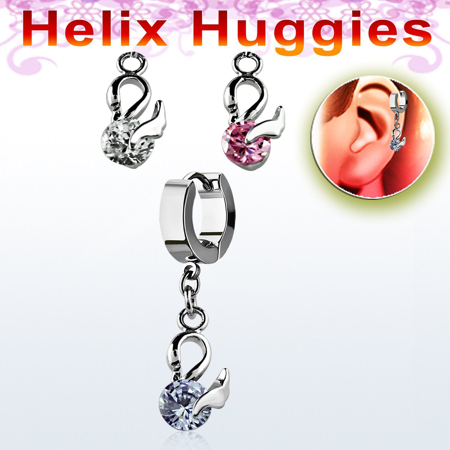 ehhz376 pendiente huggie helix acero inoxidable cisne colgado zirconia redonda se vende por pieza al por mayor