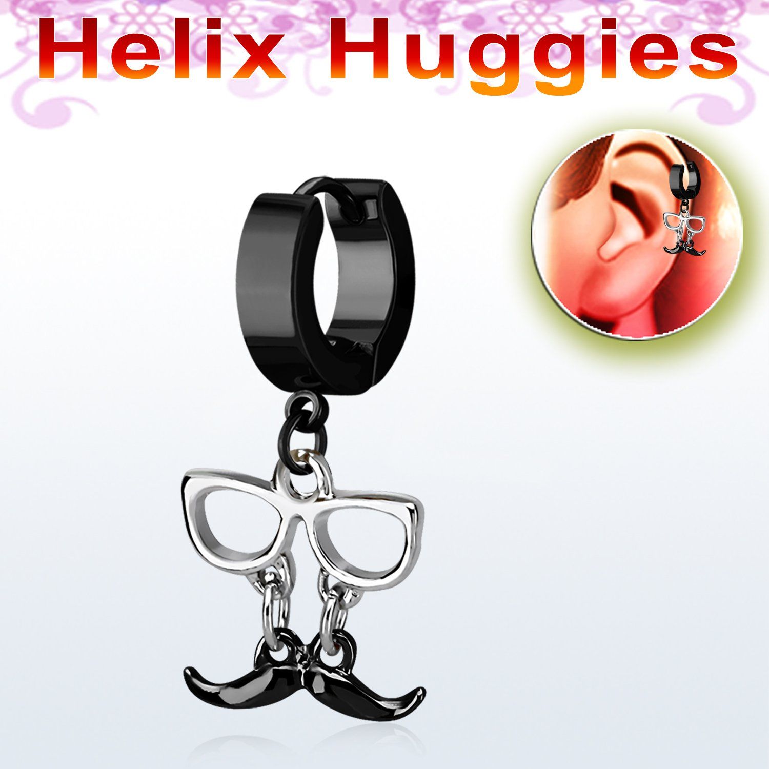 ehk507 pendiente huggie helix acero inoxidable pvd negro bigote negro colgado gafas se vende por pieza al por mayor