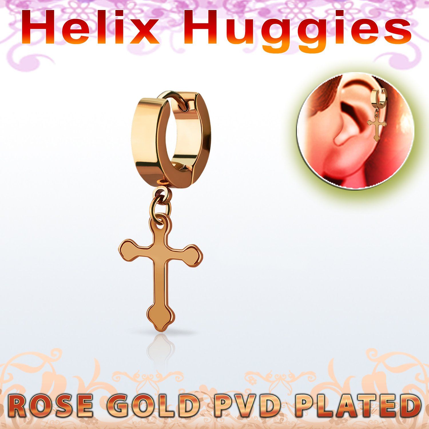 ehrcro pendiente huggie helix acero inoxidable pvd oro rosa colgante cruz lisa mayorista