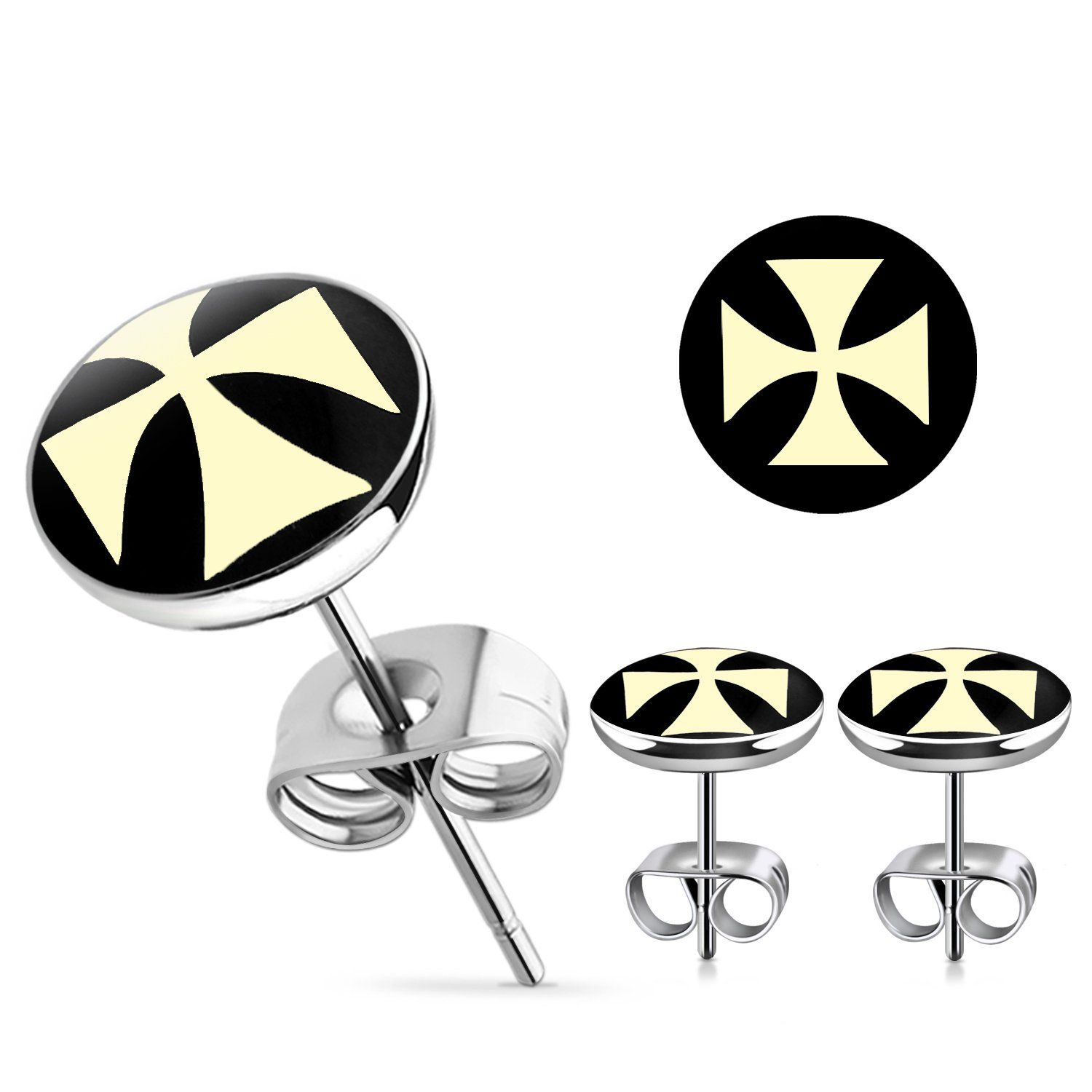 er202 par piercings oreja acero inoxidable logo cruz hierro blanca fondo negro 10mm al por mayor