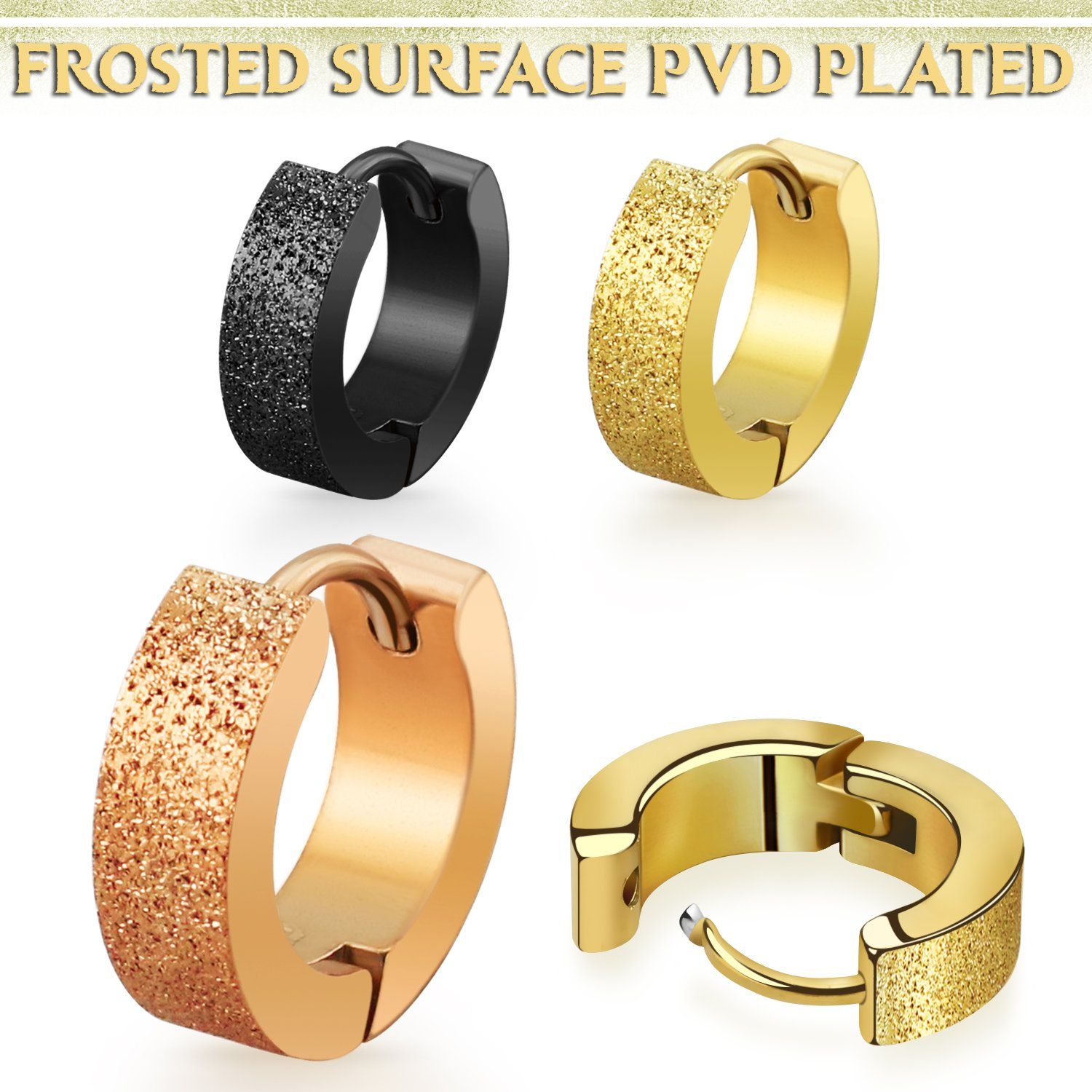 er269t par pendientes huggie acero inoxidable pvd negro dorado superficie efecto esmerilado al por mayor