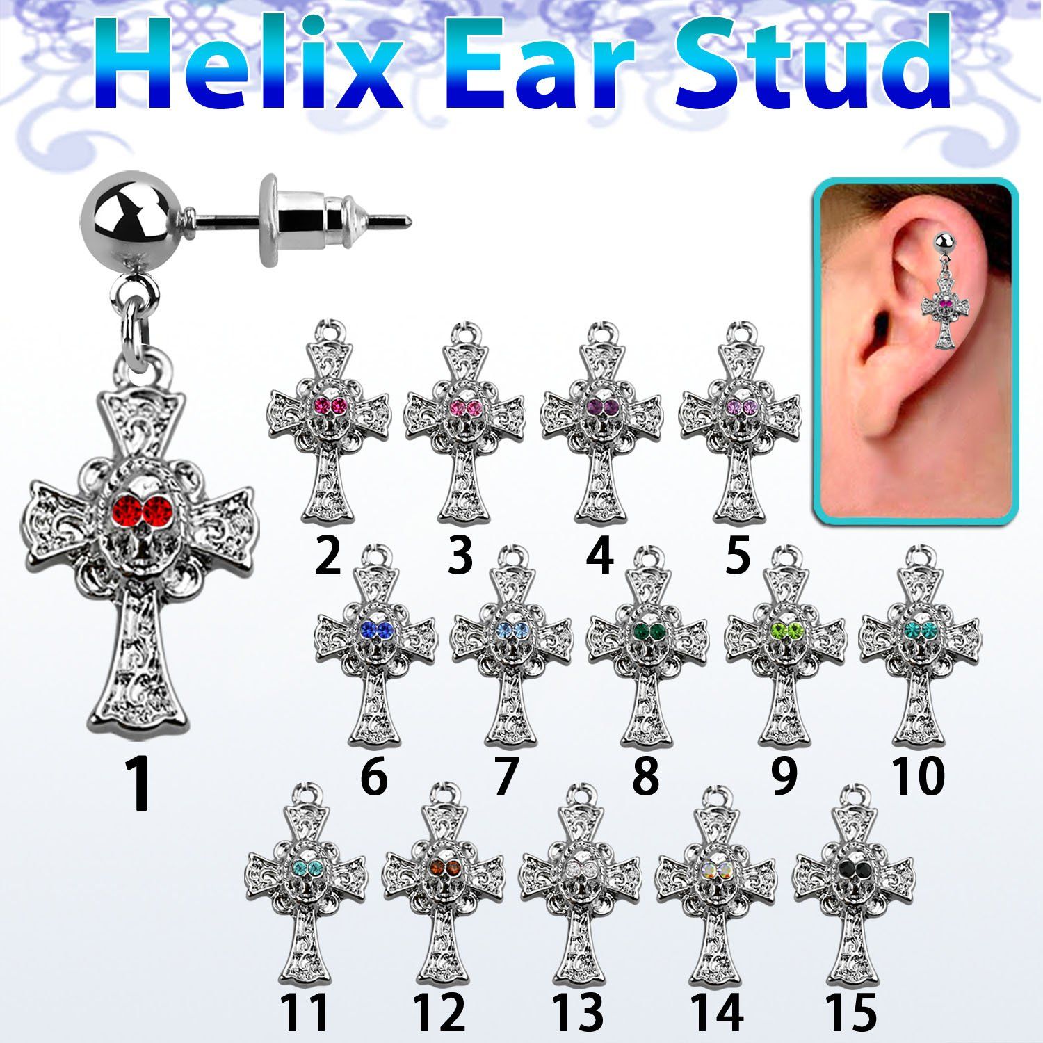 erbd694 piercing oreja helix acero quirurgico bola cruz calavera ojos cristal vendido por pieza al por mayor