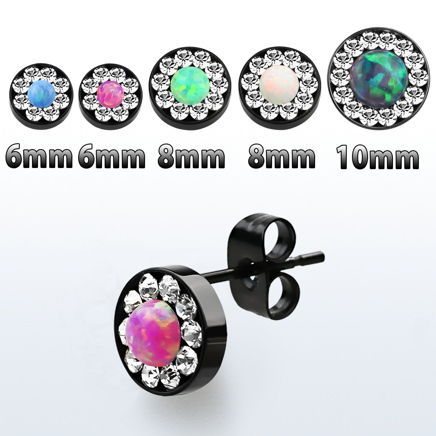 erftrdco par plugs falsos oreja acero 316l anodizado negro cristal opalo centro mayorista