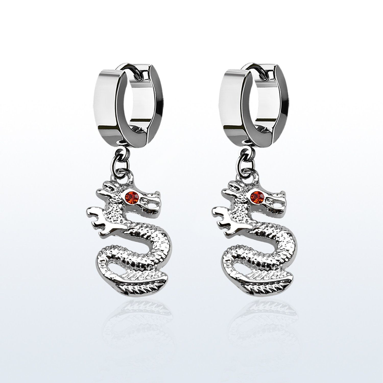 erh721 par pendientes huggie oreja acero inoxidable brillo espejo colgante dragon ojo cristal distribuidor mayorista