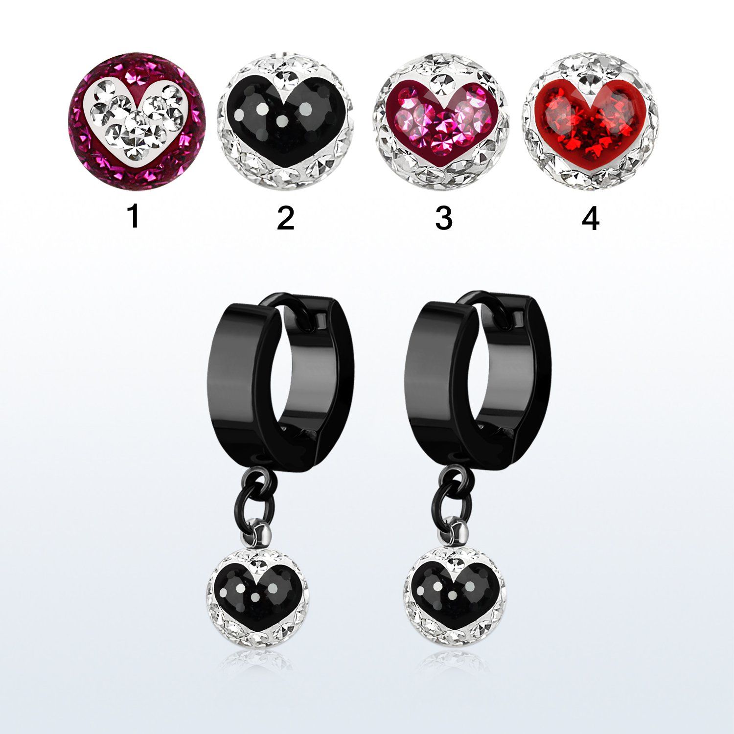 erkfrb8 pendiente huggie oreja acero inoxidable pvd negro colgante bola 8mm multi cristal ferido corazon mayorista