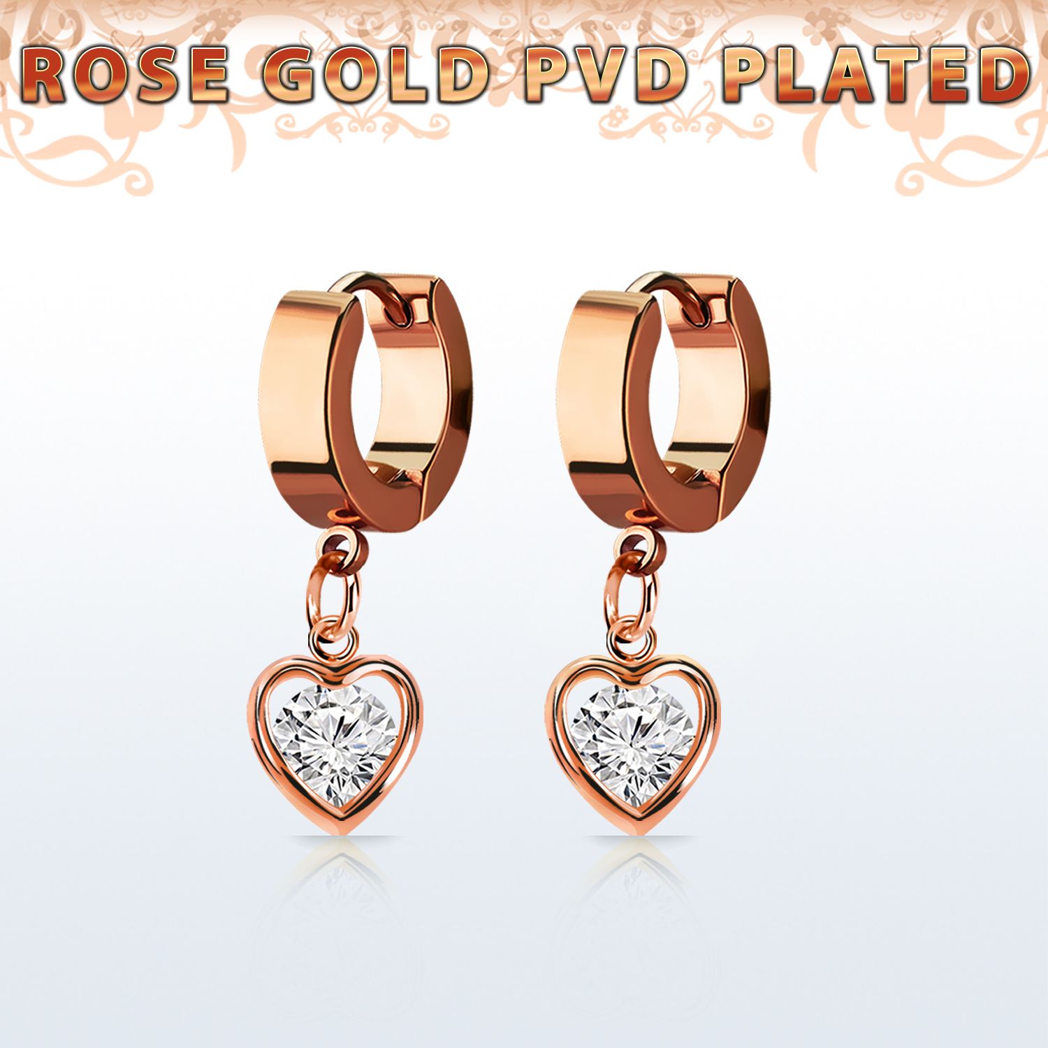 errz419 pendiente huggie oreja acero inoxidable pvd oro rosa colgante corazon zirconia redonda medio oro rosa distribuidor mayorista