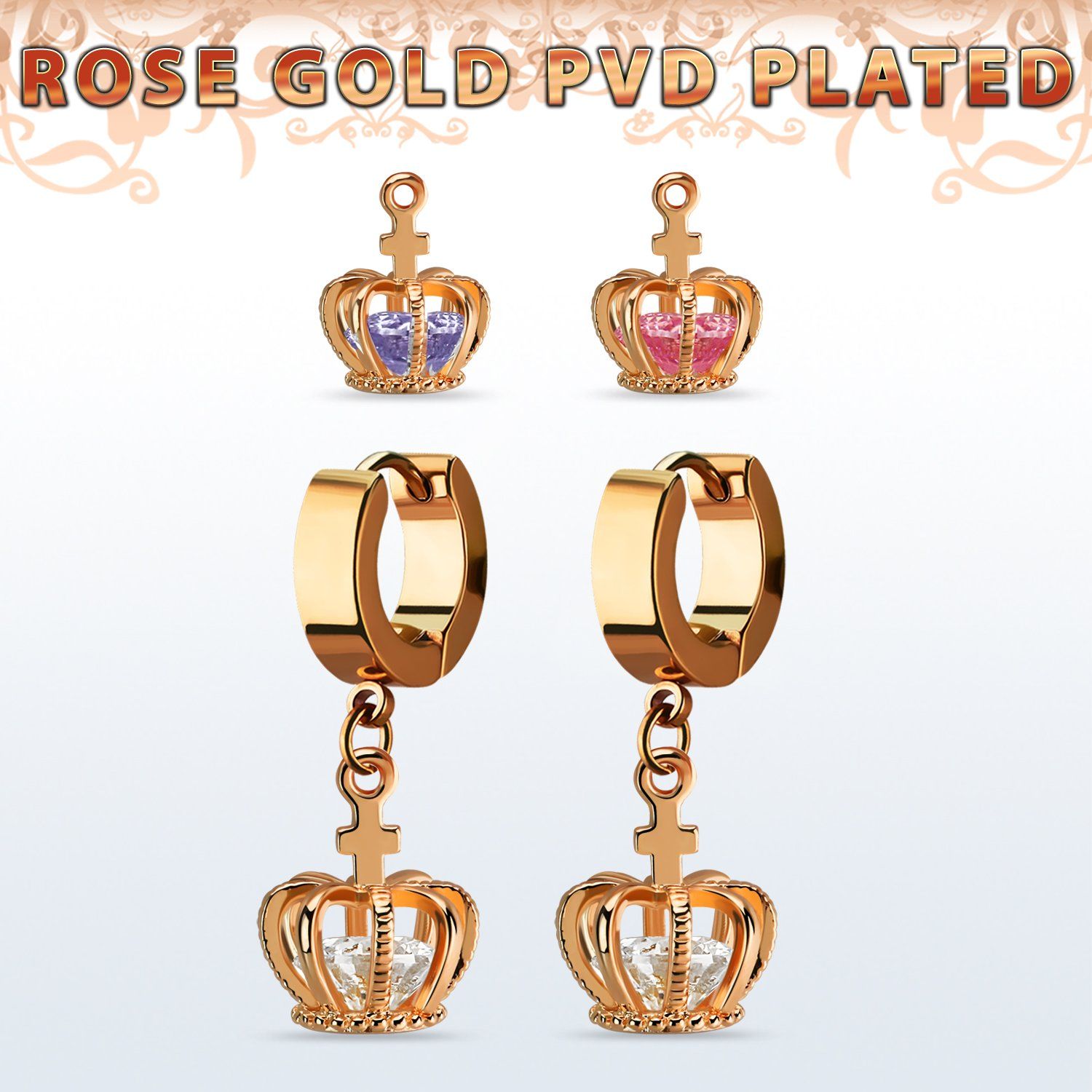 errz590 par pendiente huggie oreja acero inoxidable oro rosa colgante corona zirconia oro rosa mayorista