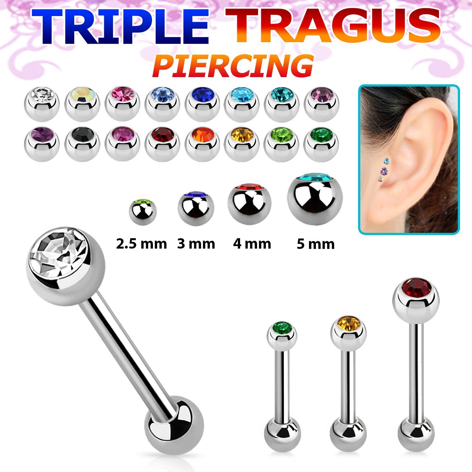 hexdc piercing tragus triple acero 316l bola 3mm bola joya bisel 2 5mm 5mm distribuidor mayorista