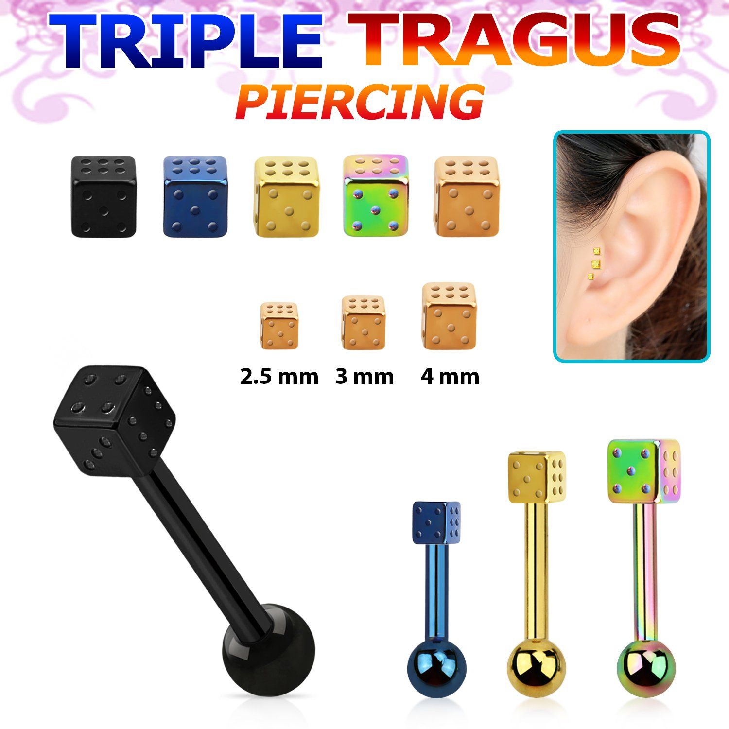 hextfd piercing tragus triple acero 316l anodizado bola 3mm dado acero 2 5mm 5mm al por mayor
