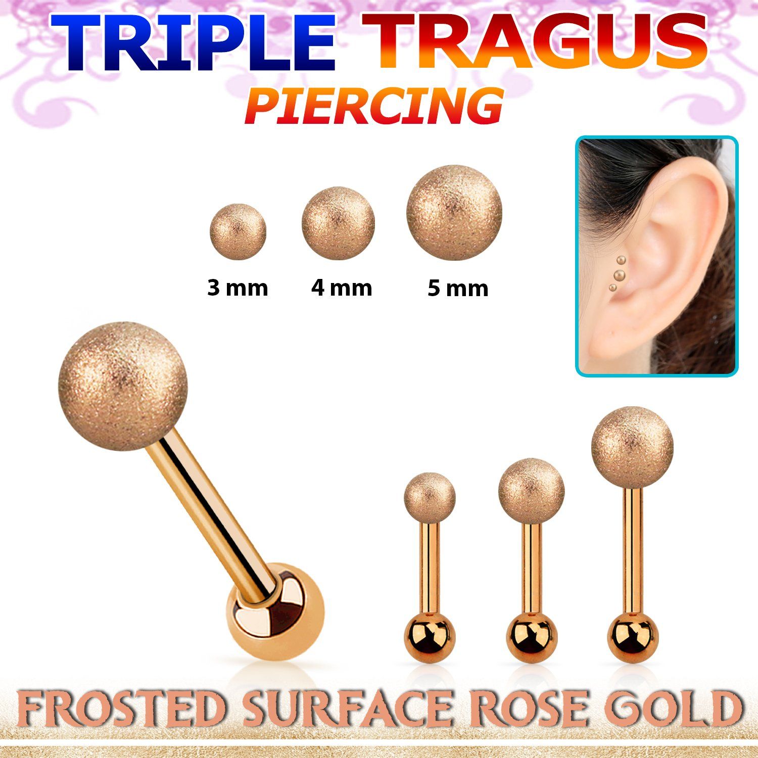 hexttifo piercing tragus triple acero 316l pvd oro rosa bola acero esmerilado 3mm 5mm bola acero lisa 3mm al por mayor