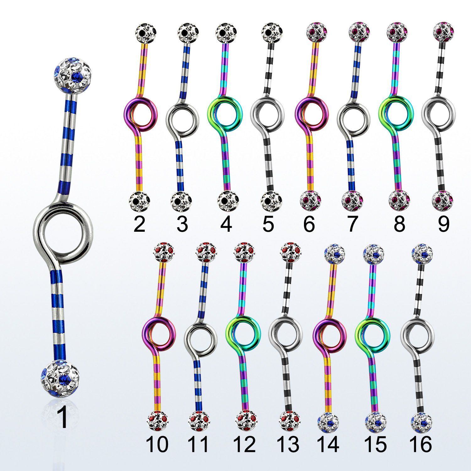 idbtfr5a barbell industrial loop acero 316l pvd rayas cebra bolas multi cristal 5mm puntos 35mm al por mayor