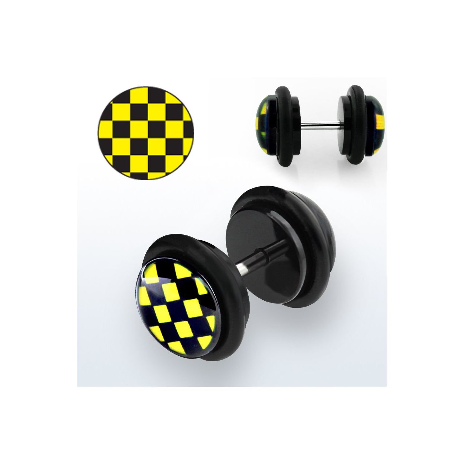 ilvgr24 plug falso acrilico negro logo cuadros negros amarillos anillos goma 8mm mayorista