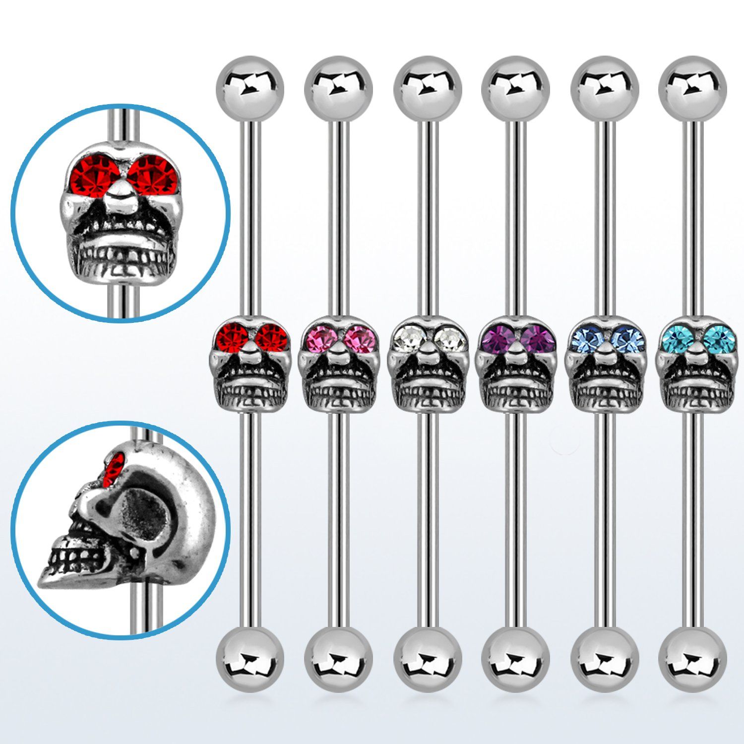 indsh4 barbell industrial acero 316l bolas arriba abajo 5mm calavera fundida centro barra ojos cristal al por mayor