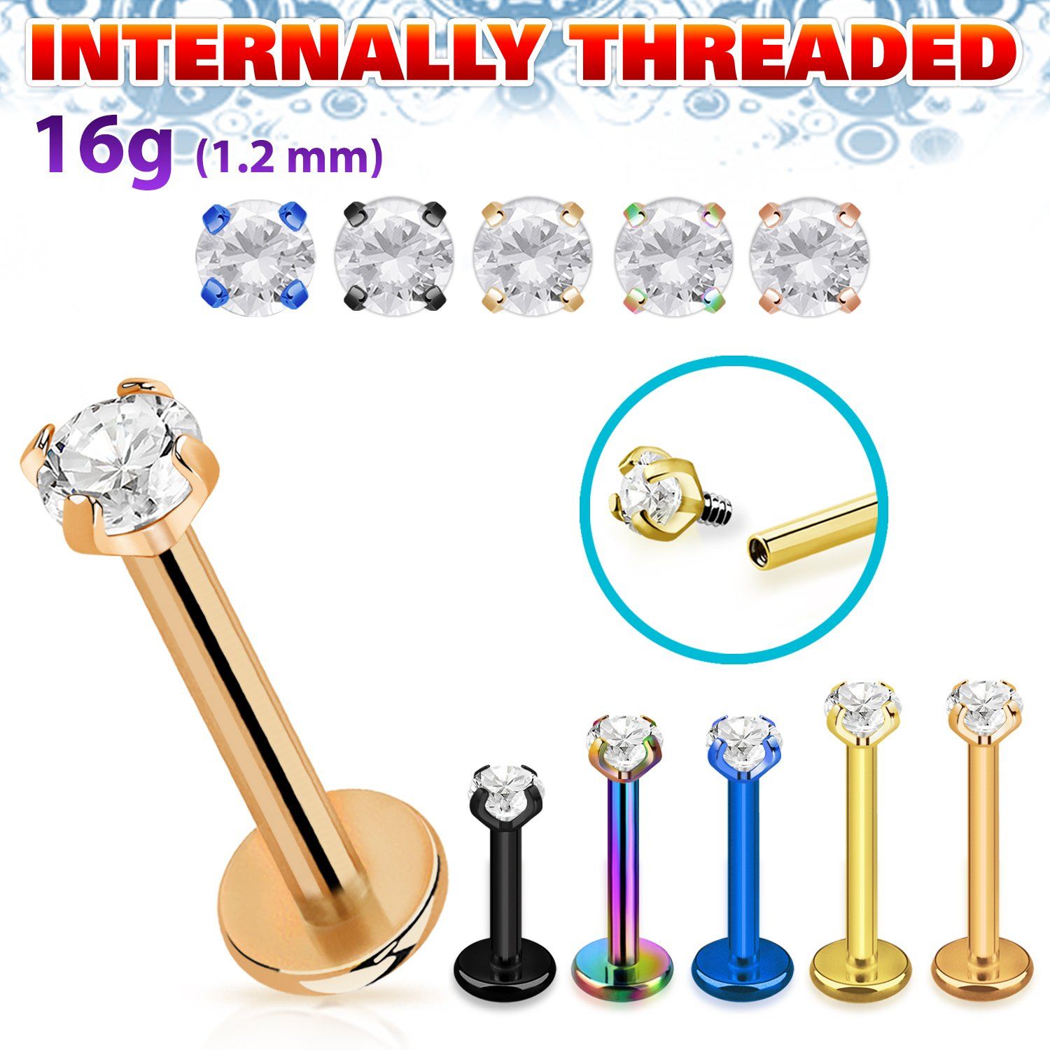 lbtczin pvd plated steel labret 16g prong set cz internal