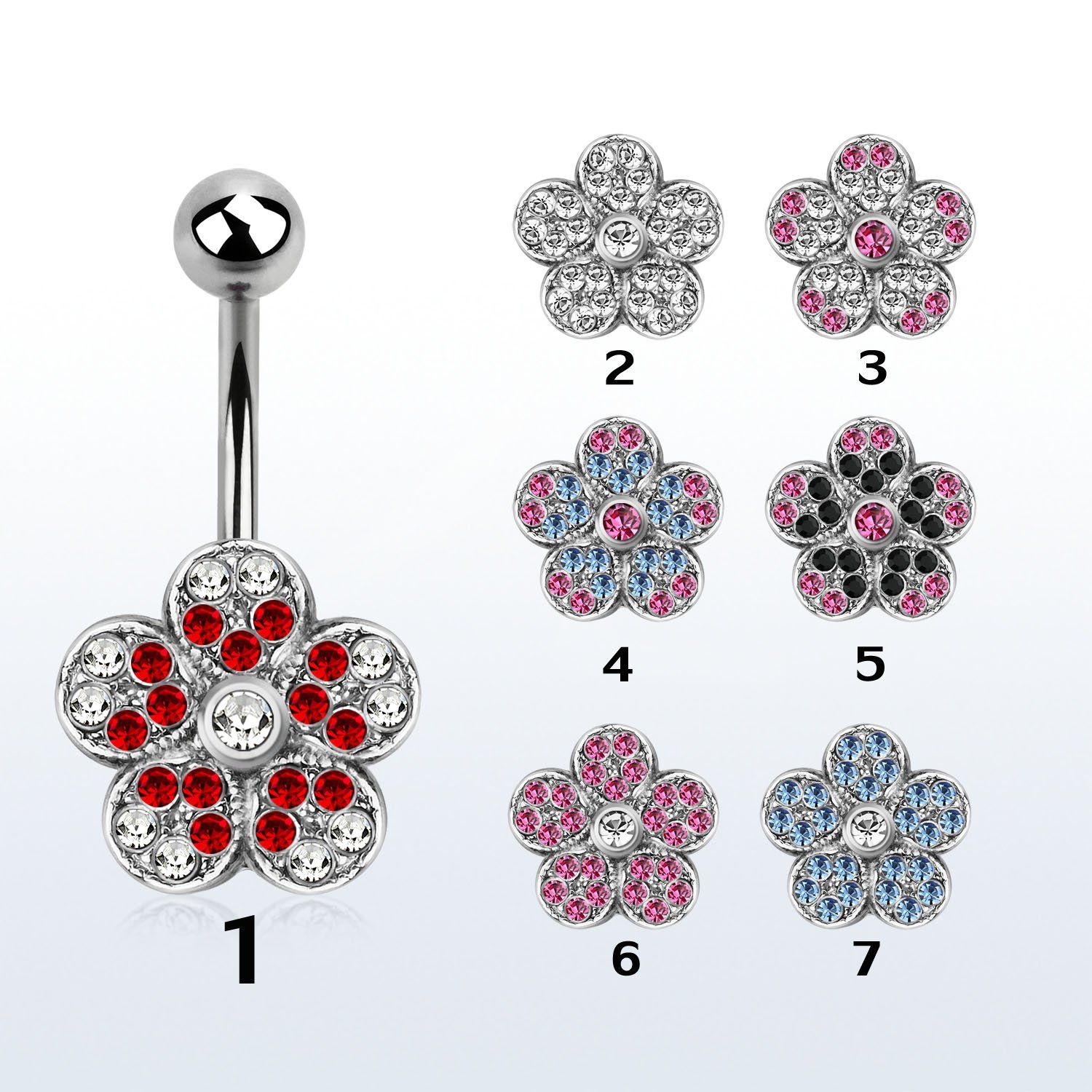 mcd378 piercing ombligo acero quirurgico flor cristal colores 10mm mayorista