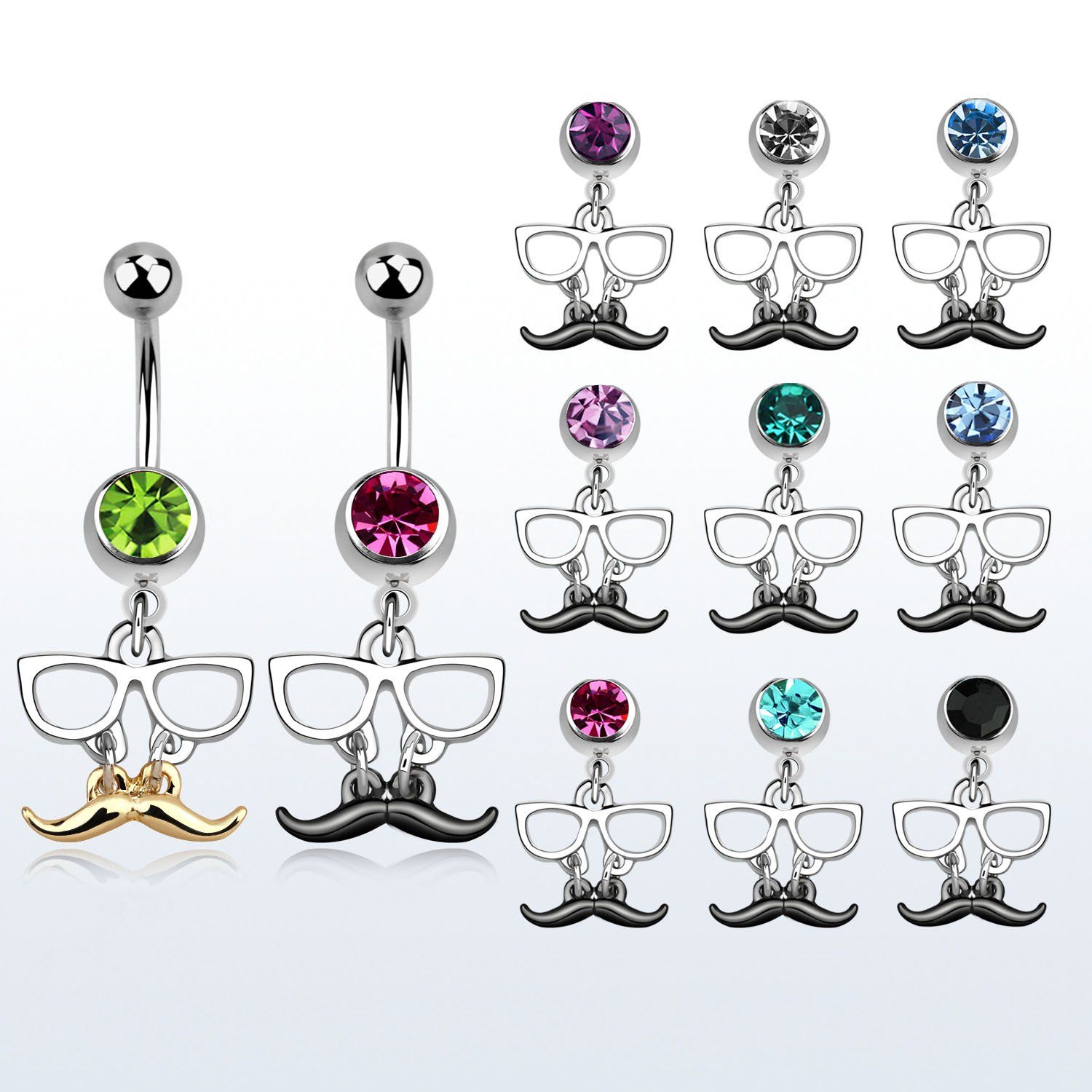 mcd507 piercing ombligo acero quirurgico bola joya 8mm bigote negro dorado gafas colgado 10mm distribuidor