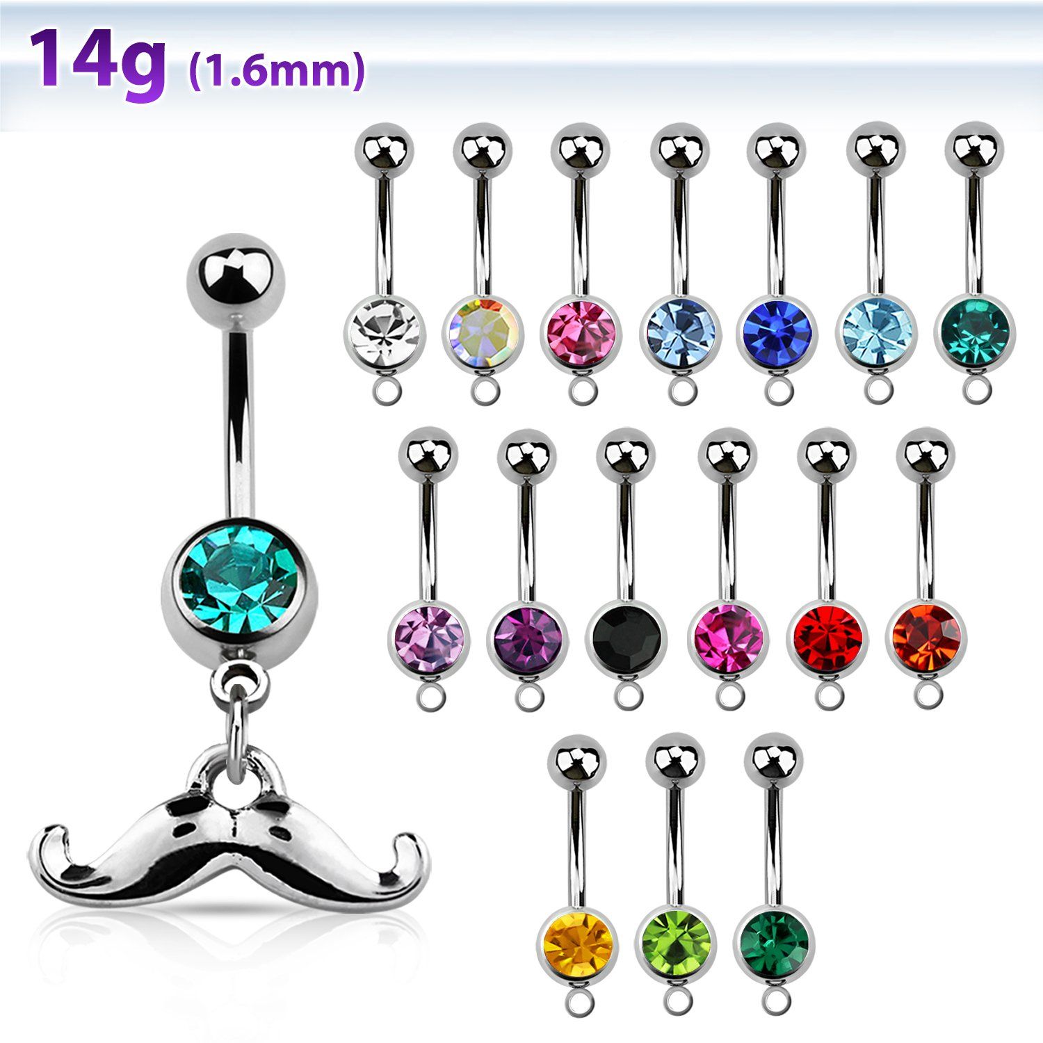 mcd517 piercing ombligo acero quirurgico bola 8mm joya bisel colgante bigote volteado distribuidor mayorista