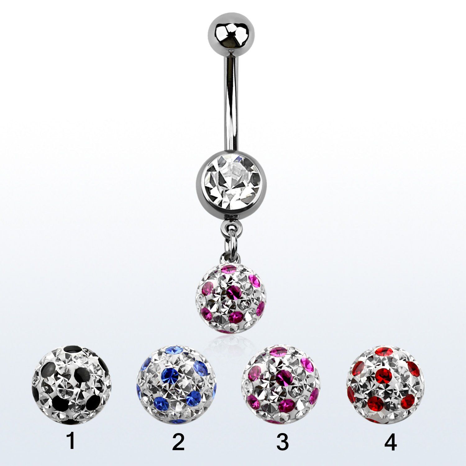 mcd626a piercing ombligo acero quirurgico bola joya bisel 8mm bola 8mm multi cristal puntos 10mm distribuidor