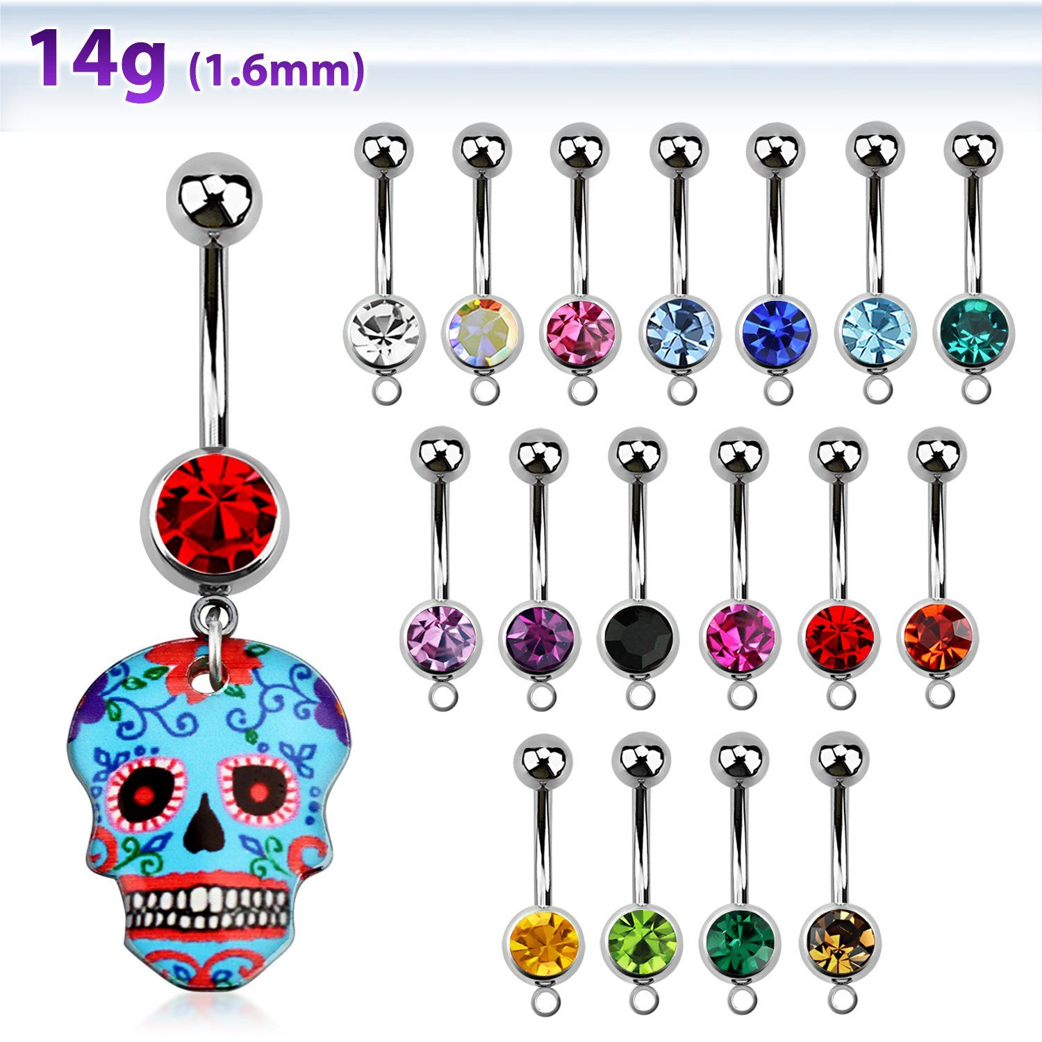 mcd639 piercing ombligo acero quirurgico bola joya bisel 8mm calavera azucar pintada tematica azul 10mm al por mayor