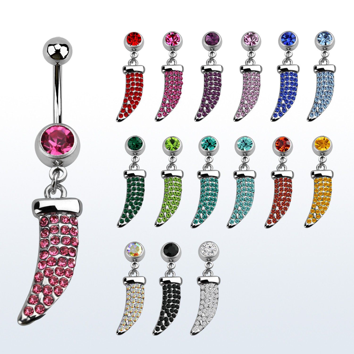 mcd684 piercing ombligo acero quirurgico bola joya bisel 8mm undiente tigre cristal colgado 10mm venta