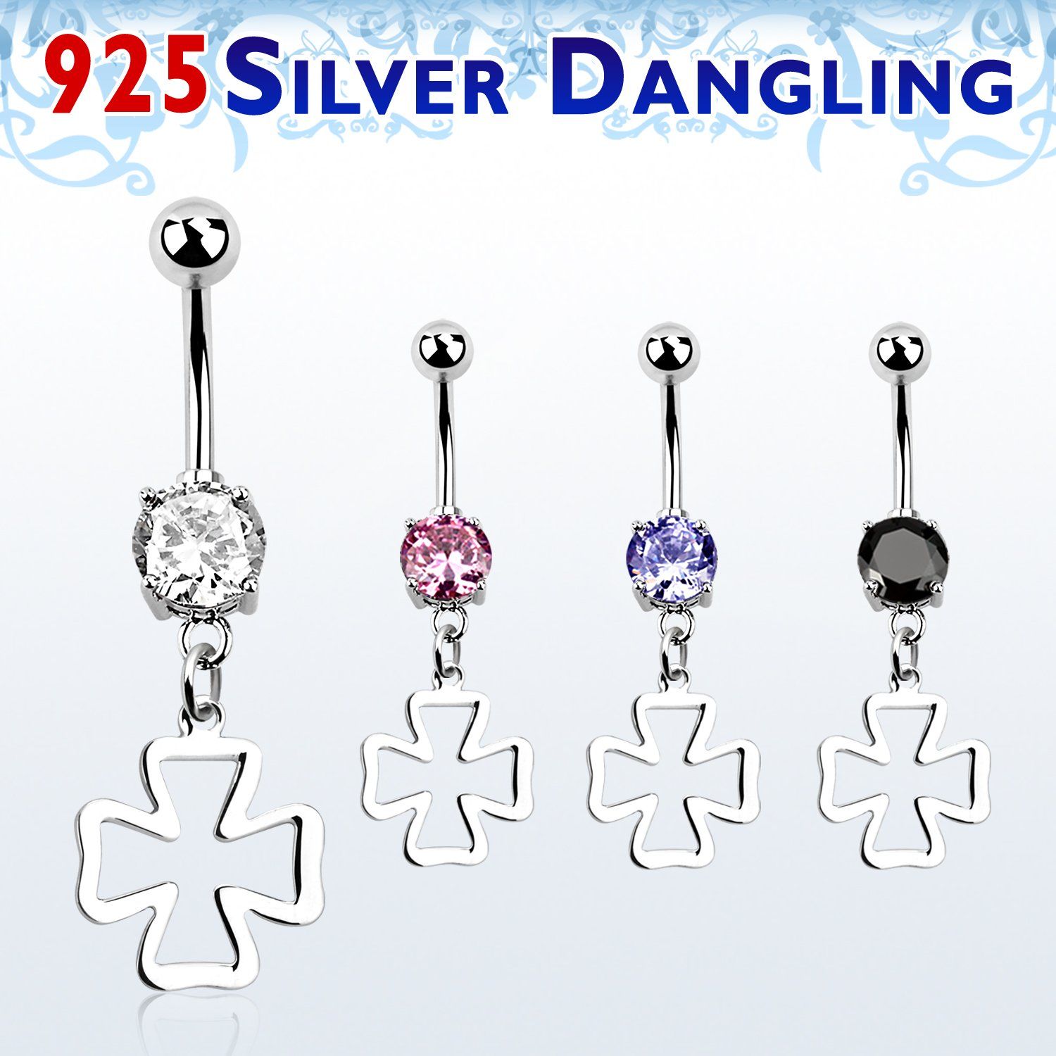 mcdvd19 piercing ombligo acero 316l zirconia redonda 8mm cruz plata esterlina colgado mayorista