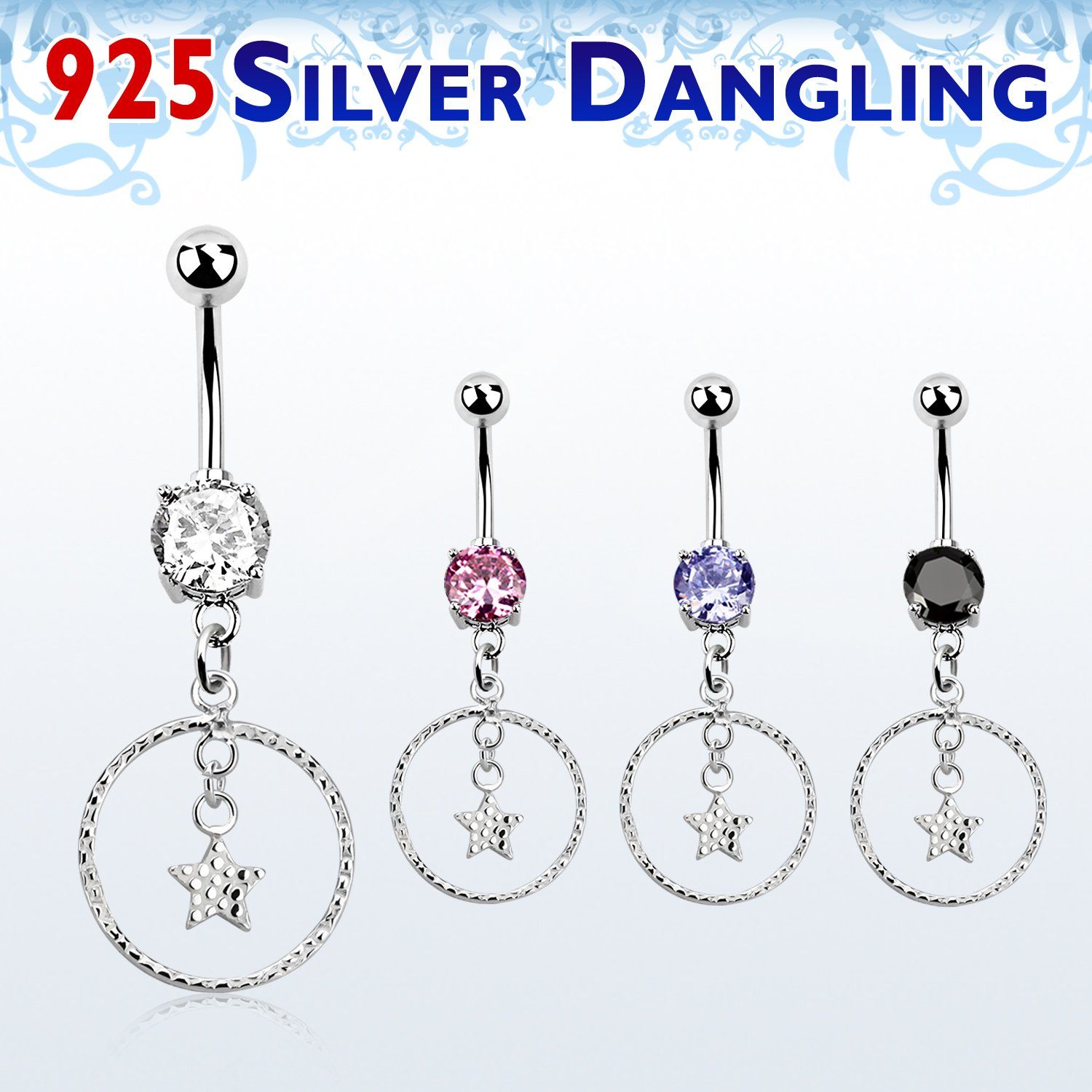 mcdvd33 piercing ombligo acero 316l zirconia redonda 8mm estrella circulo plata esterlina mayorista