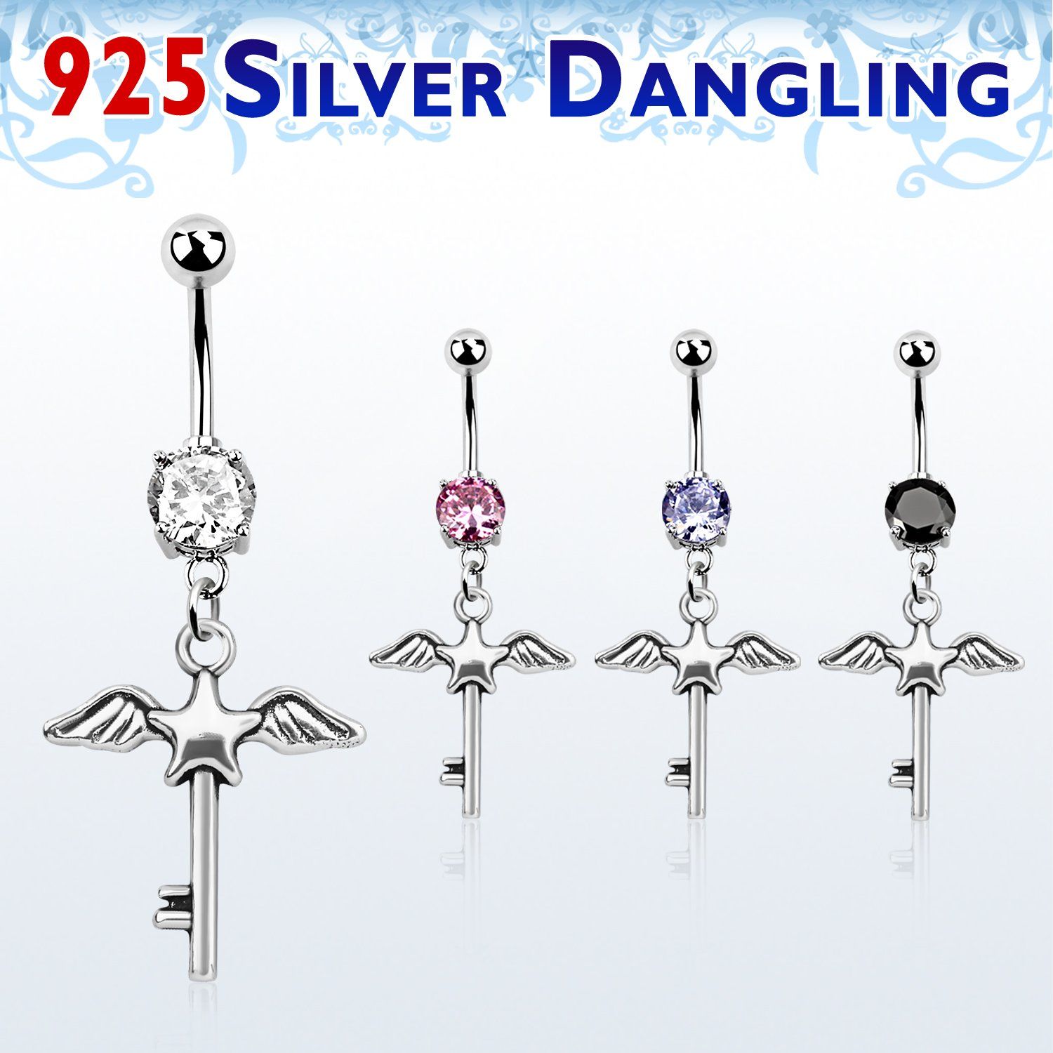 mcdvd3 piercing ombligo acero 316l zirconia redonda 8mm llave estrella alas plata esterlina distribuidor mayorista