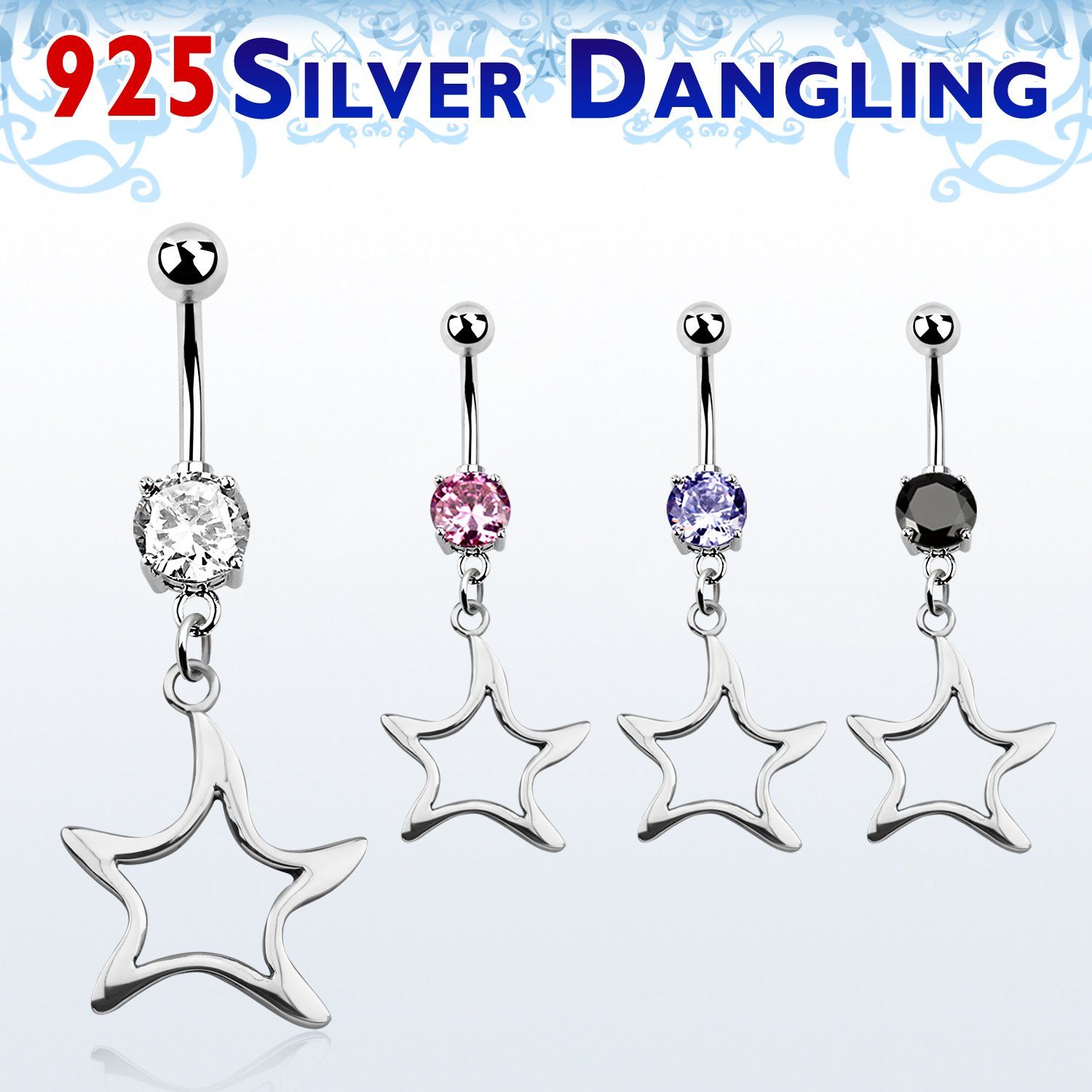 mcdvd8 piercing ombligo acero 316l zirconia redonda 8mm estrella plata esterlina distribuidor mayorista