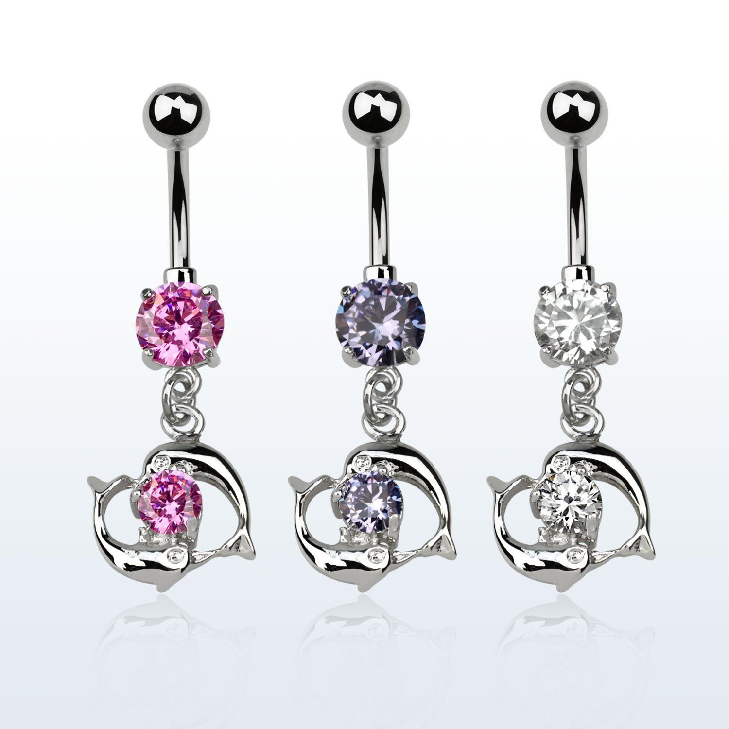 mcdz15 piercing ombligo acero quirurgico zirconia 8mm pareja delfines colgados nadando alrededor zirconia redonda 10mm al por mayor