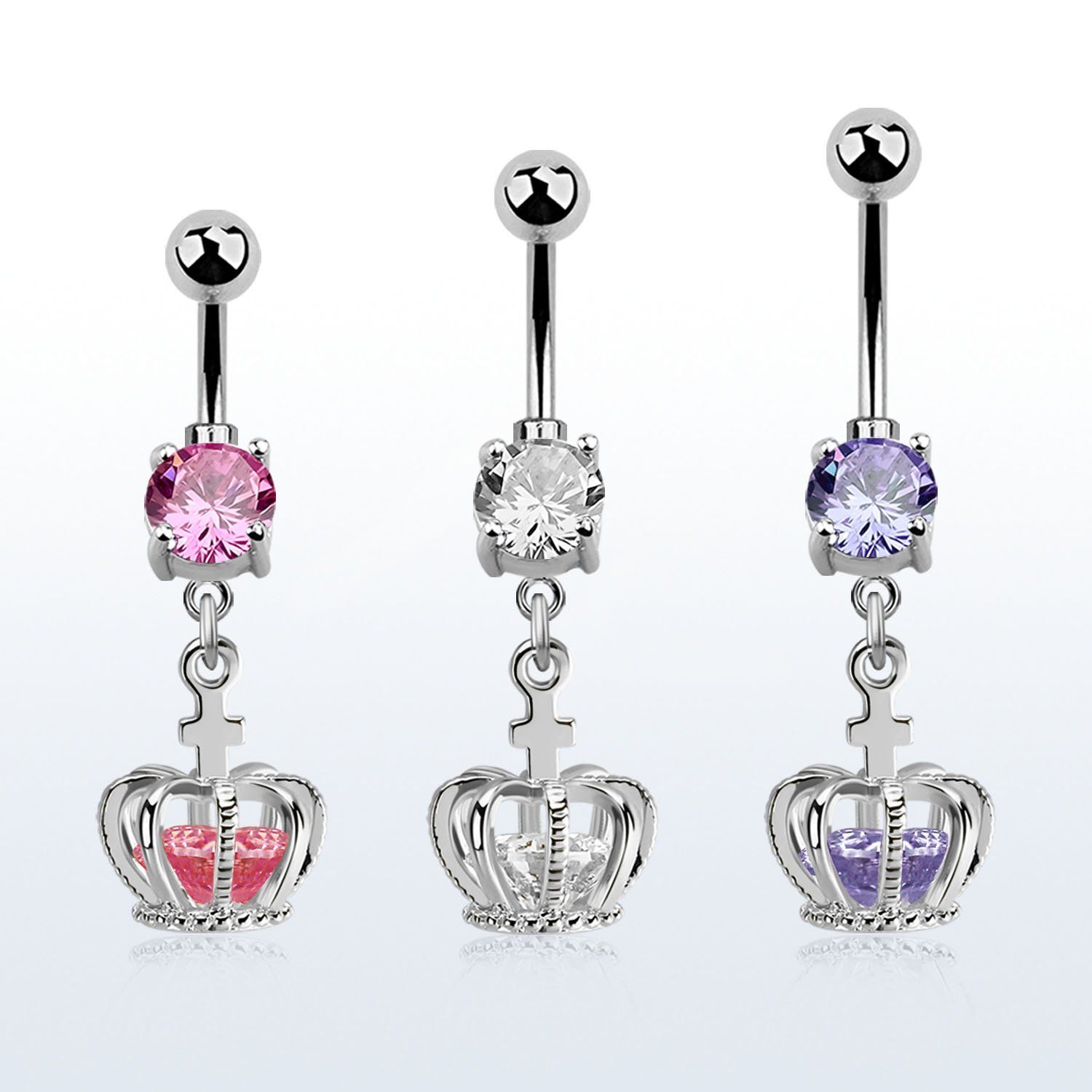 mcdz590 piercing ombligo acero quirurgico zirconita redonda 8mm colgante corona zirconia plata mayorista