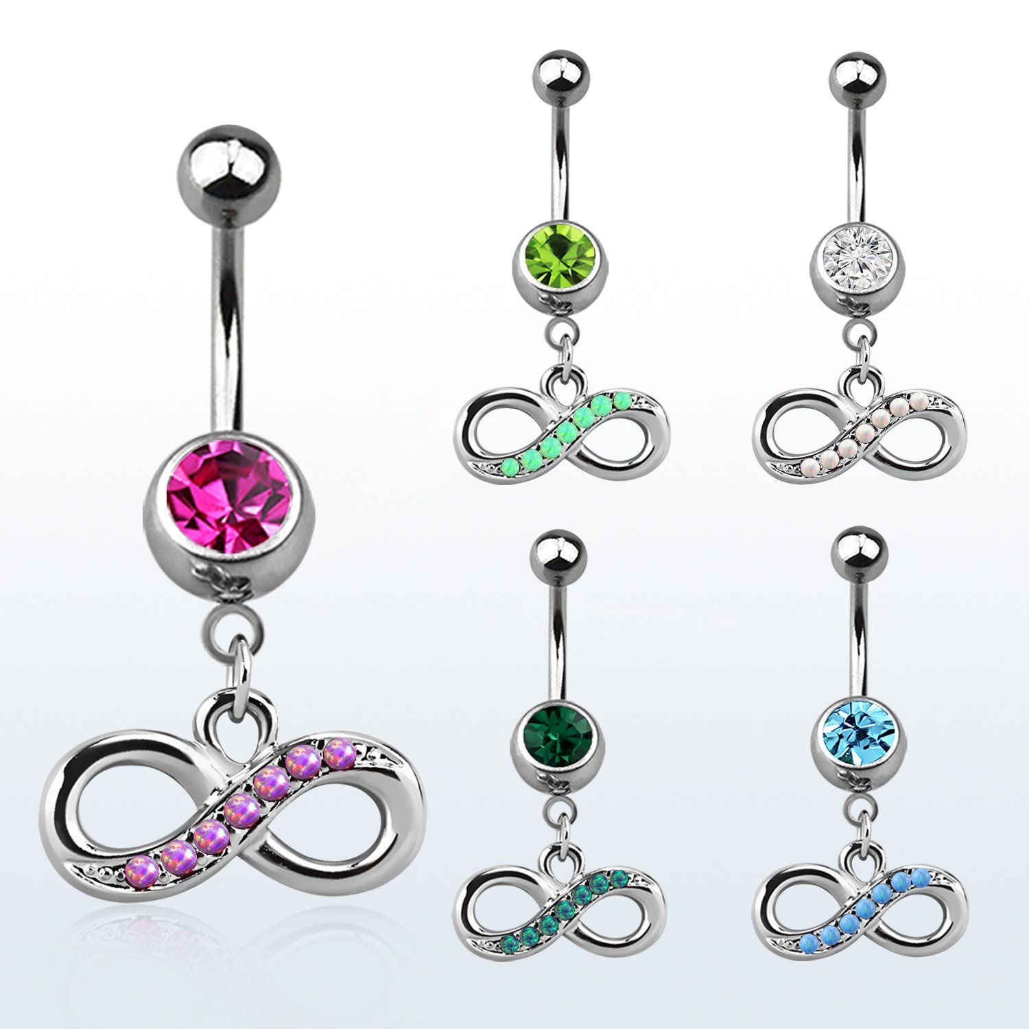 mcop617 piercing ombligo acero quirurgico bola joya bisel 8mm infinito opalos sinteticos colgado 10mm mayorista