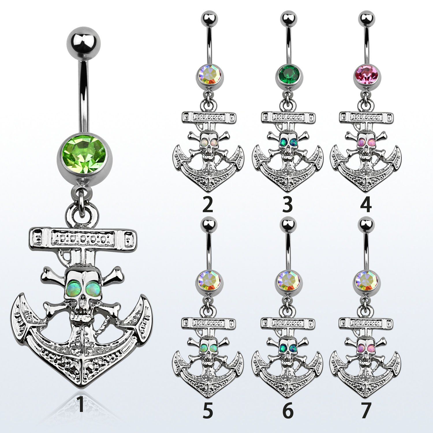 mcop691 piercing ombligo acero quirurgico bola joya bisel 8mm ancla calavera opalos sinteticos como ojos 10mm distribuidor mayorista