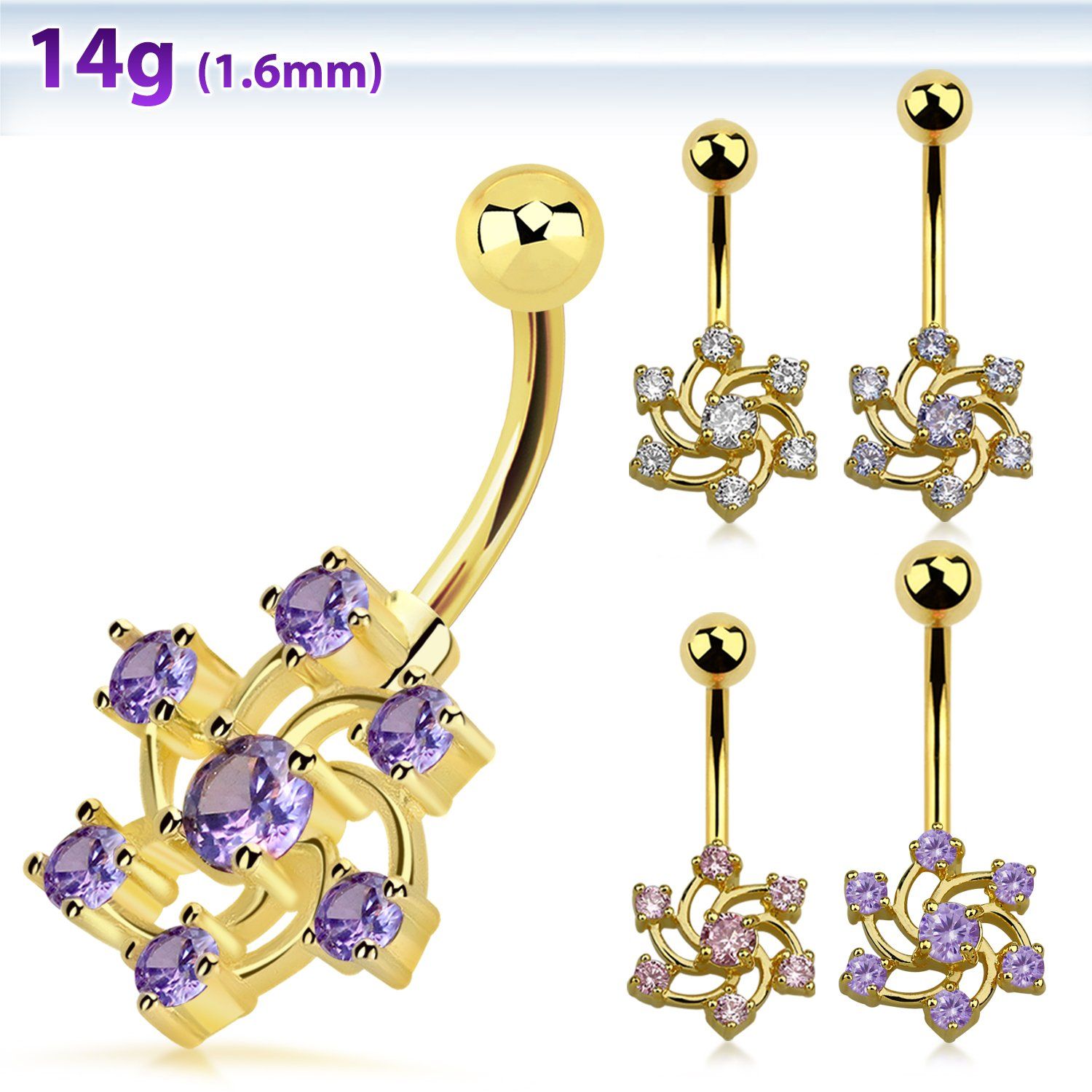 mdgz347 piercing ombligo acero 316l anodizado dorado flor remolino zirconia venta
