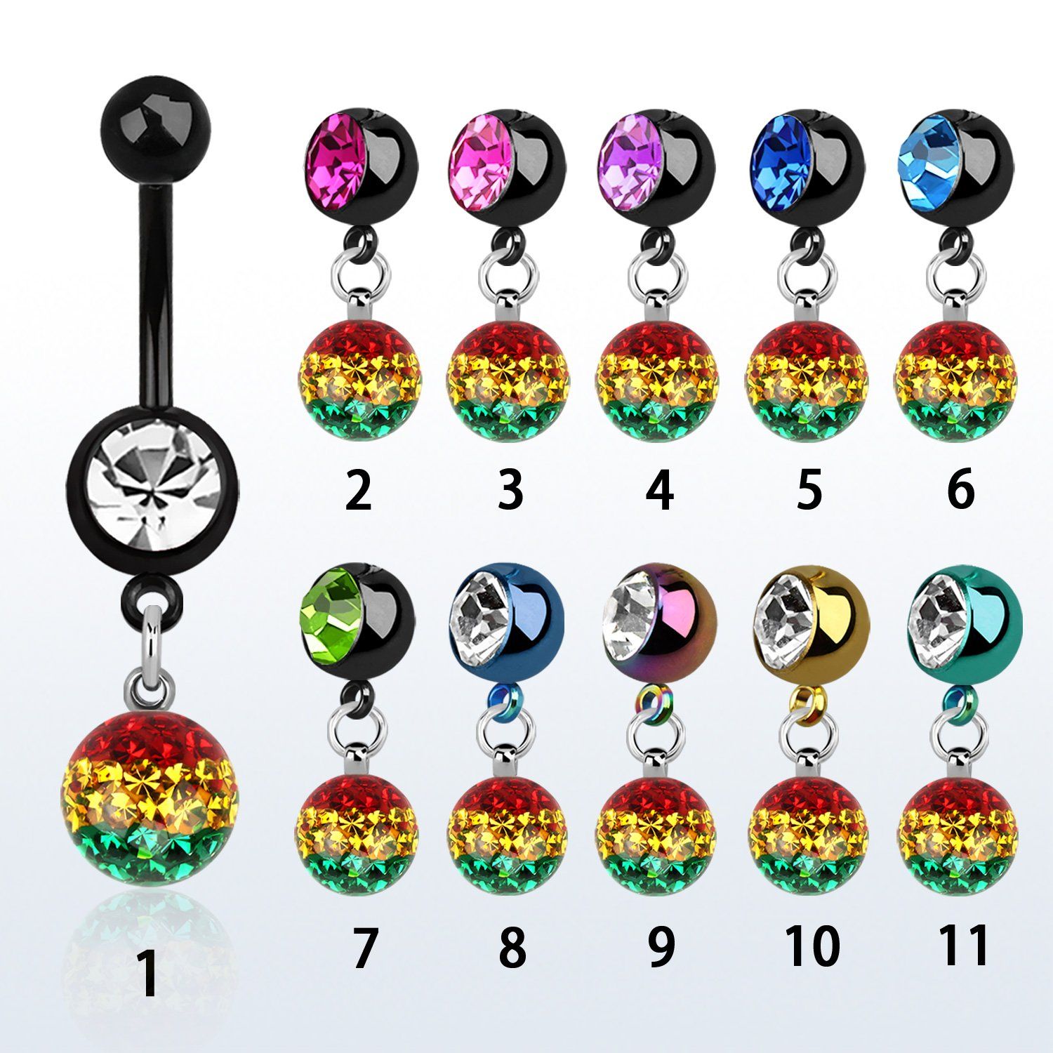 mdkfr8r piercing ombligo acero quirurgico pvd bola lisa 5mm bola 8mm joya 8mm multi cristal ferido rayas color rasta 10mm distribuidor mayorista