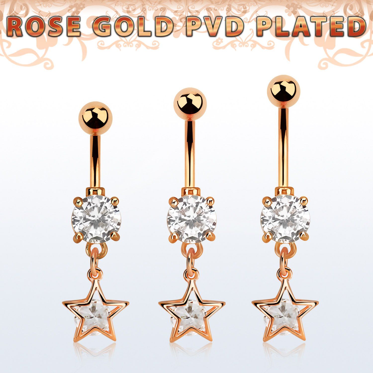 mdrz414 piercing ombligo acero 316l pvd oro rosa zirconita redonda 8mm colgante estrella zirconia redonda medio oro rosa mayorista