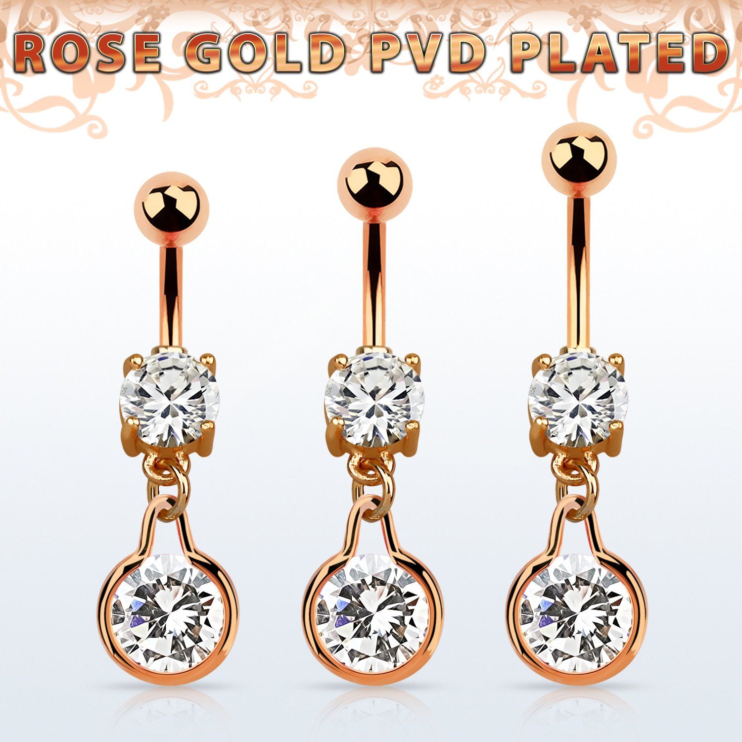 mdrz417 piercing ombligo acero 316l oro rosa zirconita redonda 8mm colgante redondo zirconia medio oro rosa mayorista