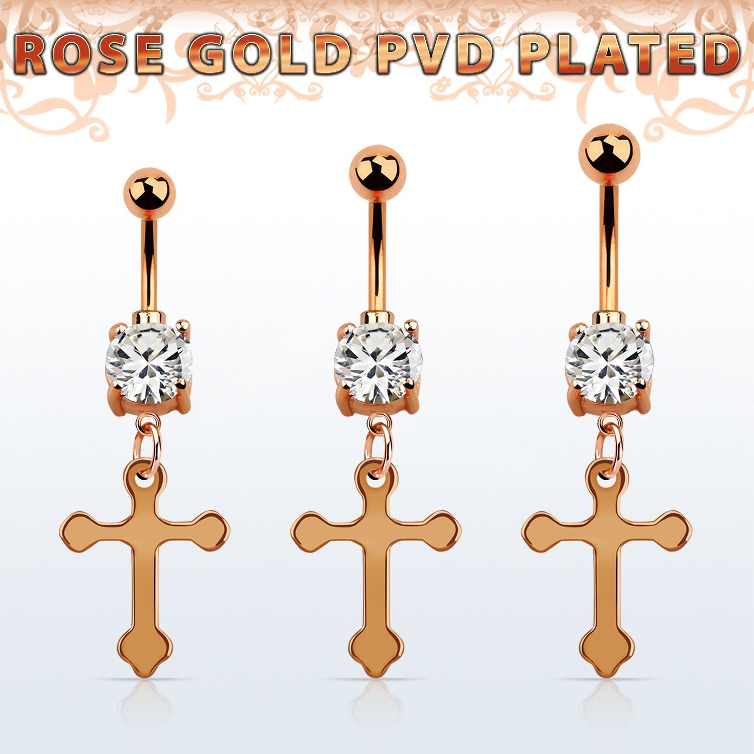 mdrzcro piercing ombligo acero 316l pvd oro rosa zirconia redonda 7mm colgante vintage cruz acero venta