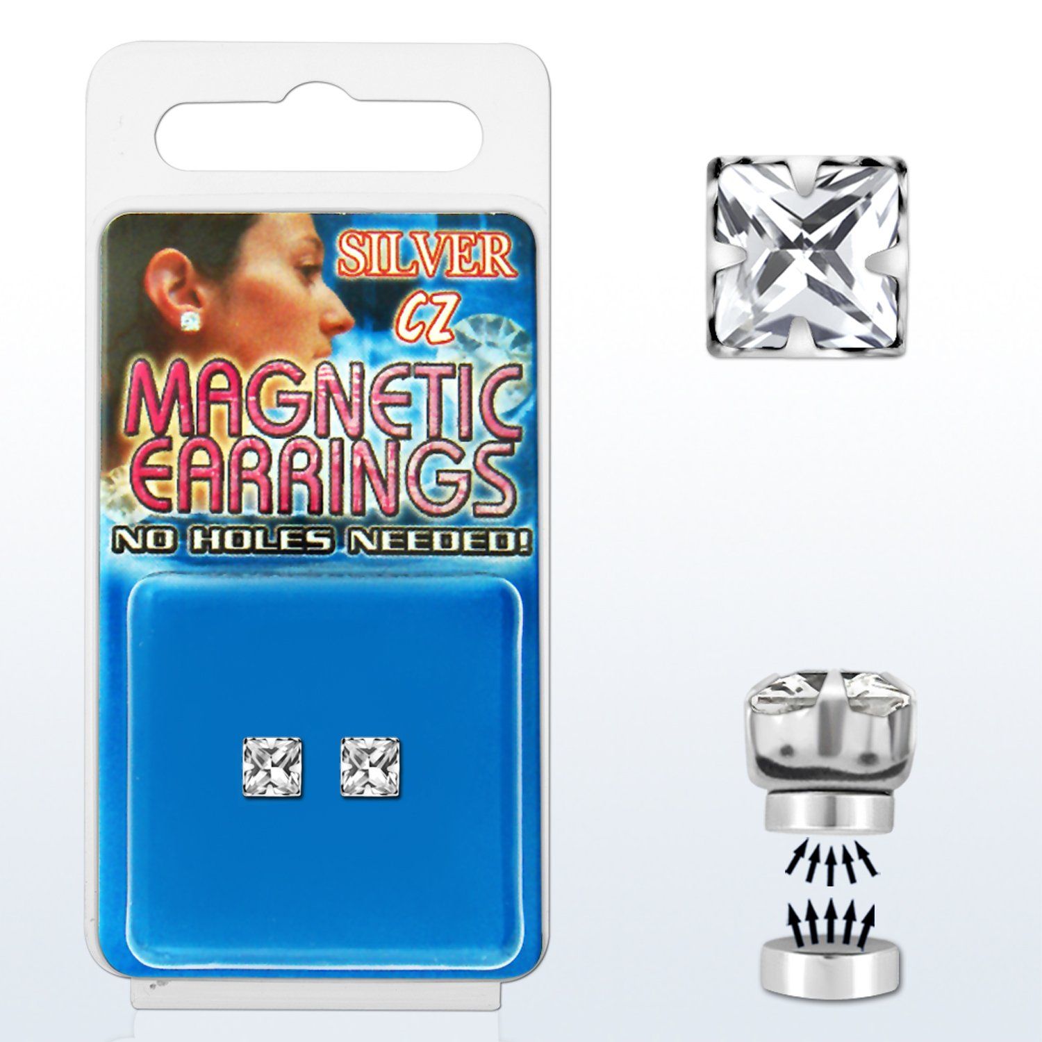 mgzq5 par piercings oreja magneticos plata zirconia clara cuadrada 5mm 1 pieza distribuidor
