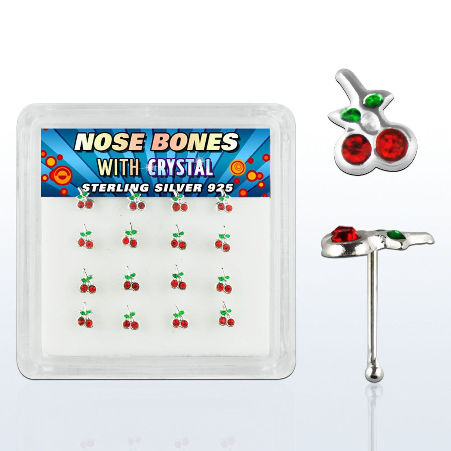 nbch16 caja display 16 piercing nariz hueso plata esterlina 925 0 6mm cerezas cristal rojas 1 4mm hojas esmaltadas verde distribuidor