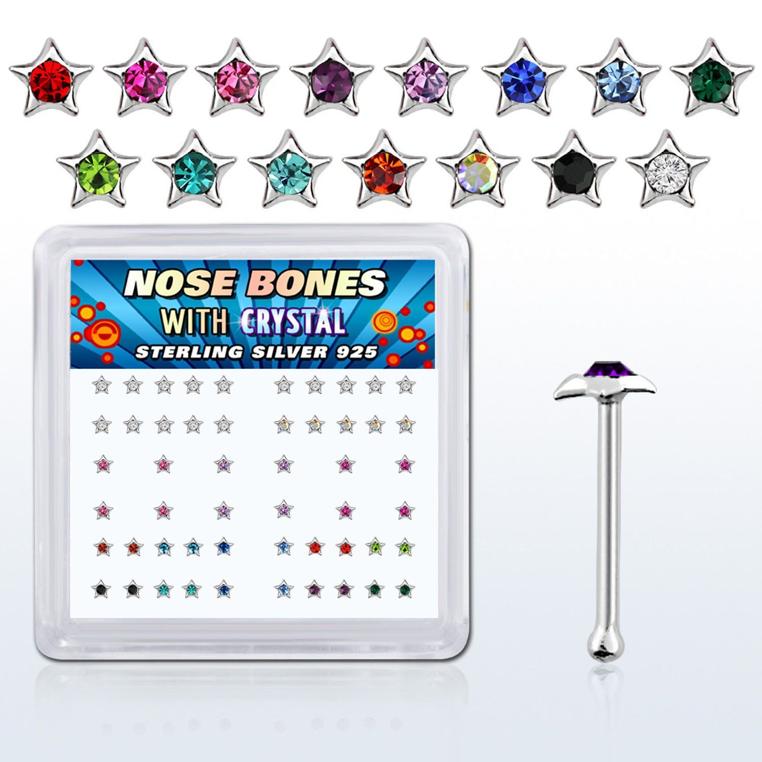 nbstxm caja display piercing nariz hueso plata esterlina 925 0 6mm estrella cristal redondo centro al por mayor