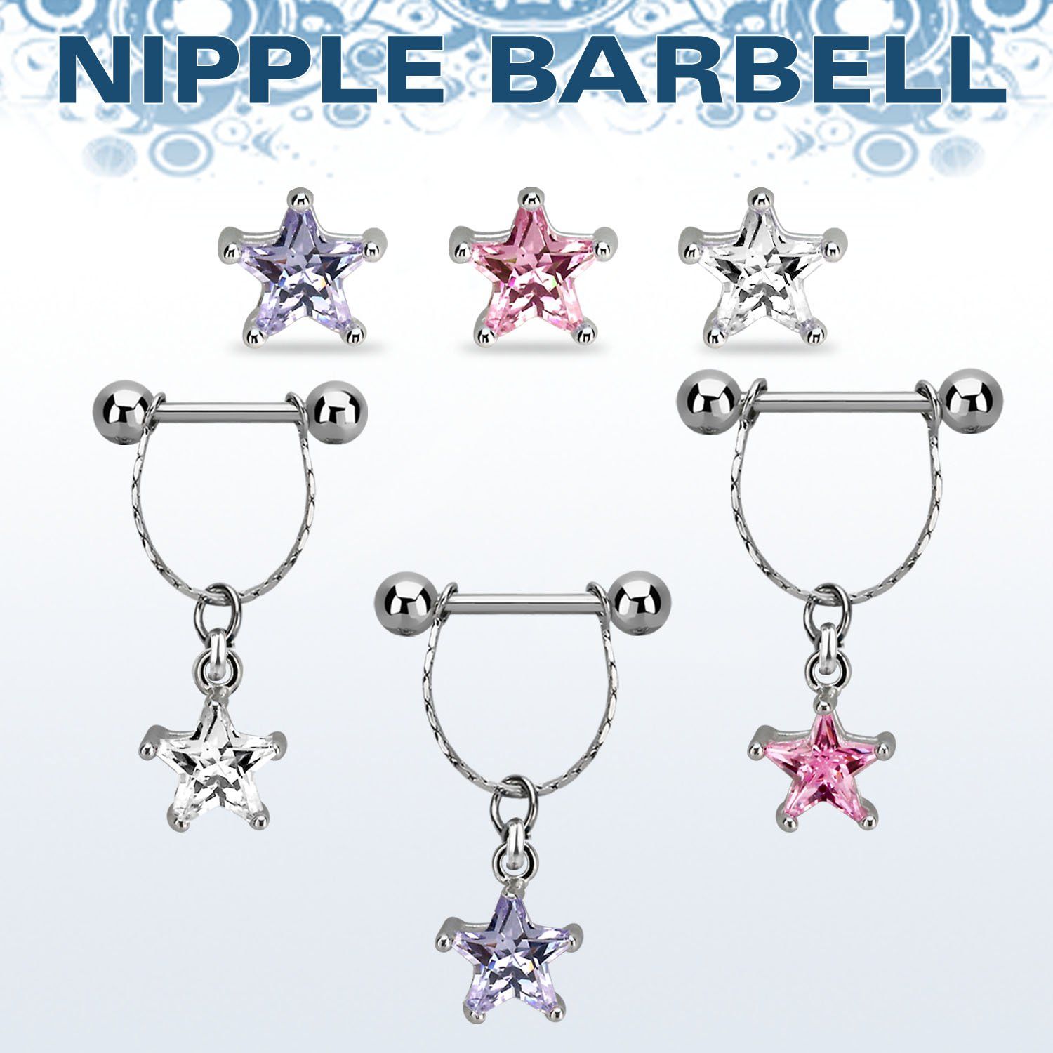 npdl34 barbell pezon acero quirurgico bolas 5mm conectadas traves colgante zirconita estrella 6mm plata distribuidor mayorista