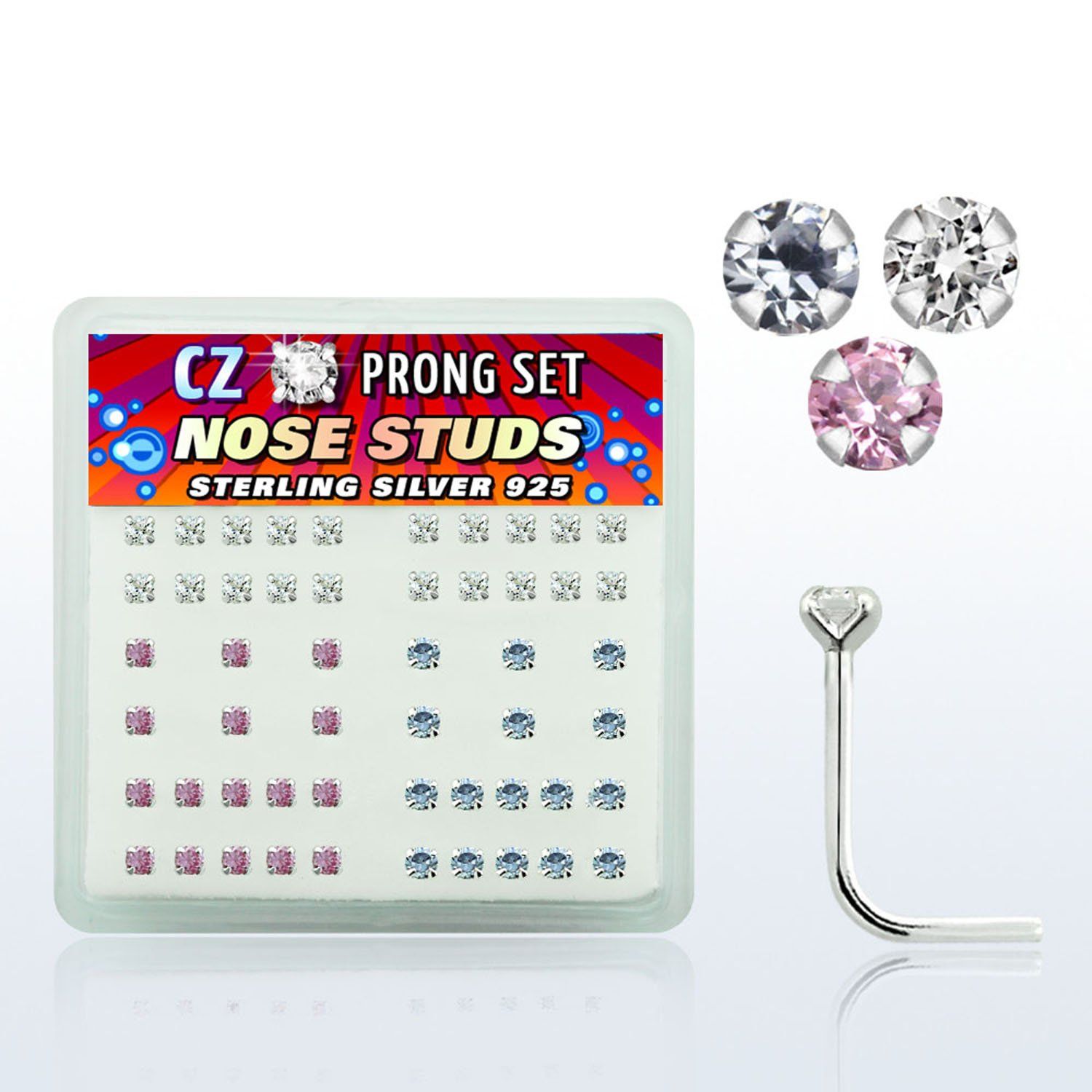 nsczbxm caja display piercing nariz l plata esterlina 925 0 6mm zirconia redondas 2mm distribuidor
