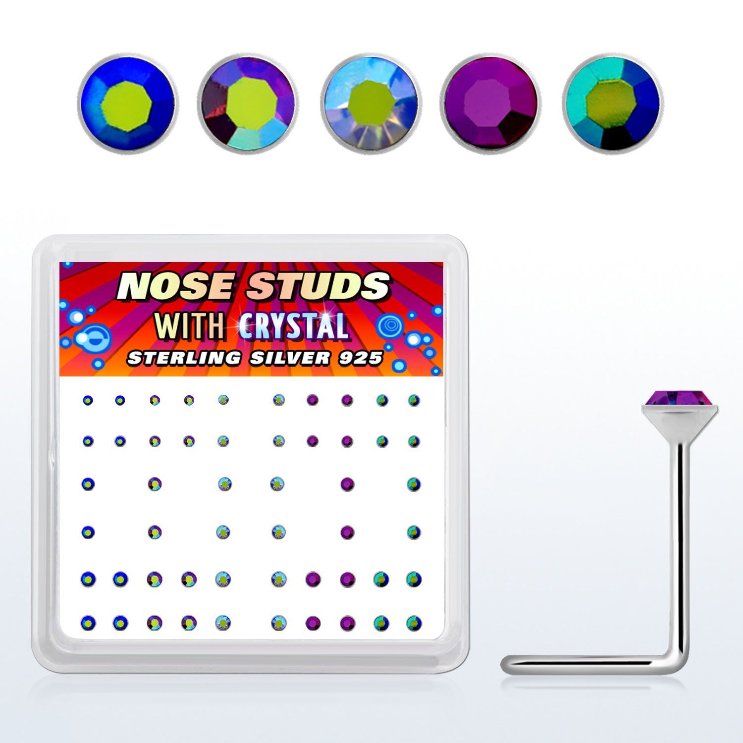 nsmabm caja display piercing nariz l plata esterlina 925 0 6mm cristal redondos recubrimiento ab 1.4mm 1 5mm 1.8mm venta