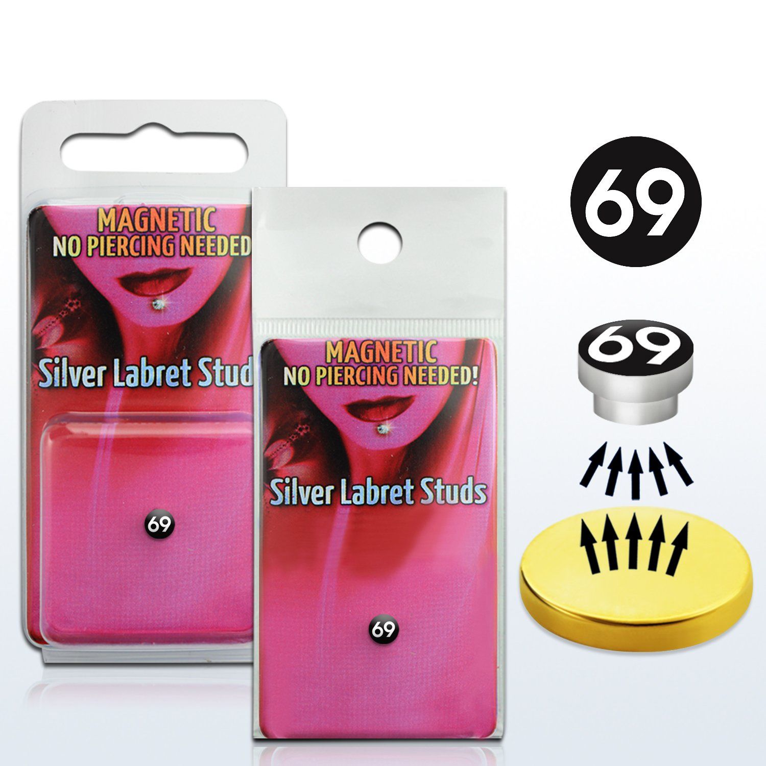 pkml2 piercing labret falso magnetico plata 925 4mm logo 69 fondo negro bandeja magnetica dorada 1 pieza distribuidor