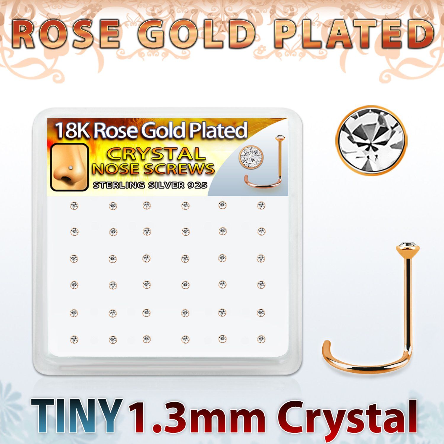 rsw6xc caja display 36 piercing nariz l plata 925 oro rosa 0 6mm cristal 1 25mm al por mayor